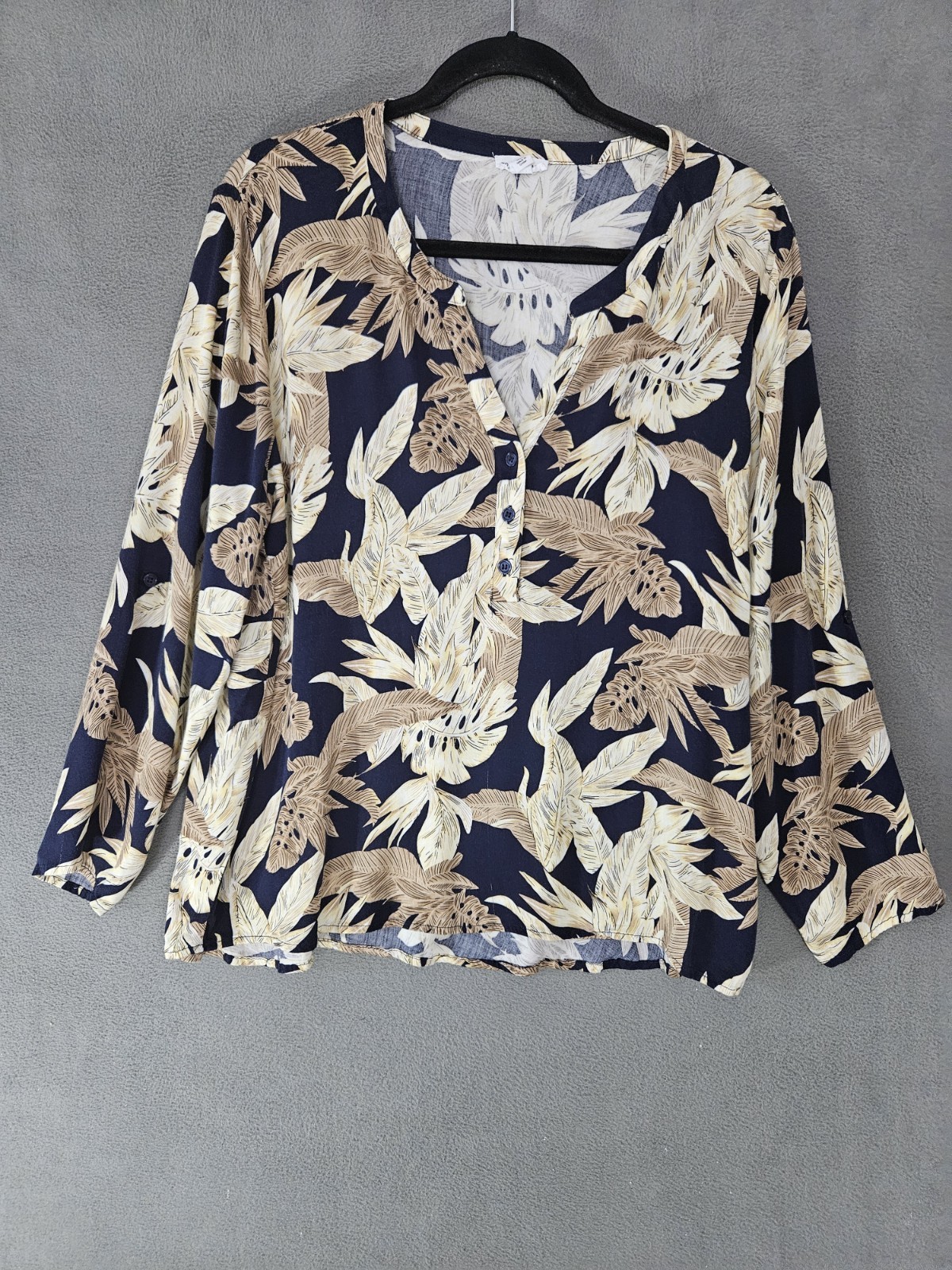 Tribal Jeans Womens Large Shirt Half Button Roll-Tab Sleeve Leaves Feathers Boho