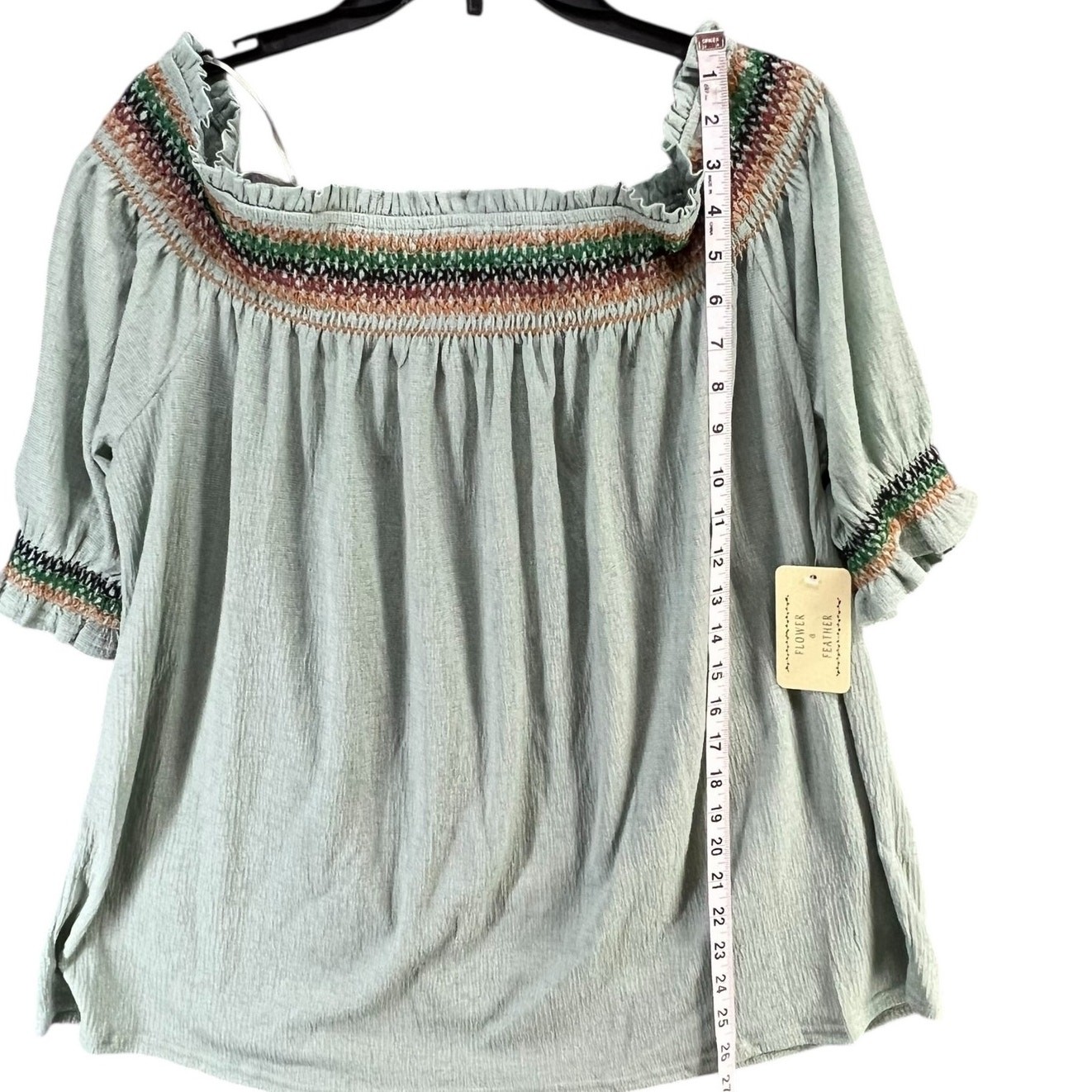 Flower & Feather Off Shoulder Top Women 3XL Light Green Embroidered Peasant Boho