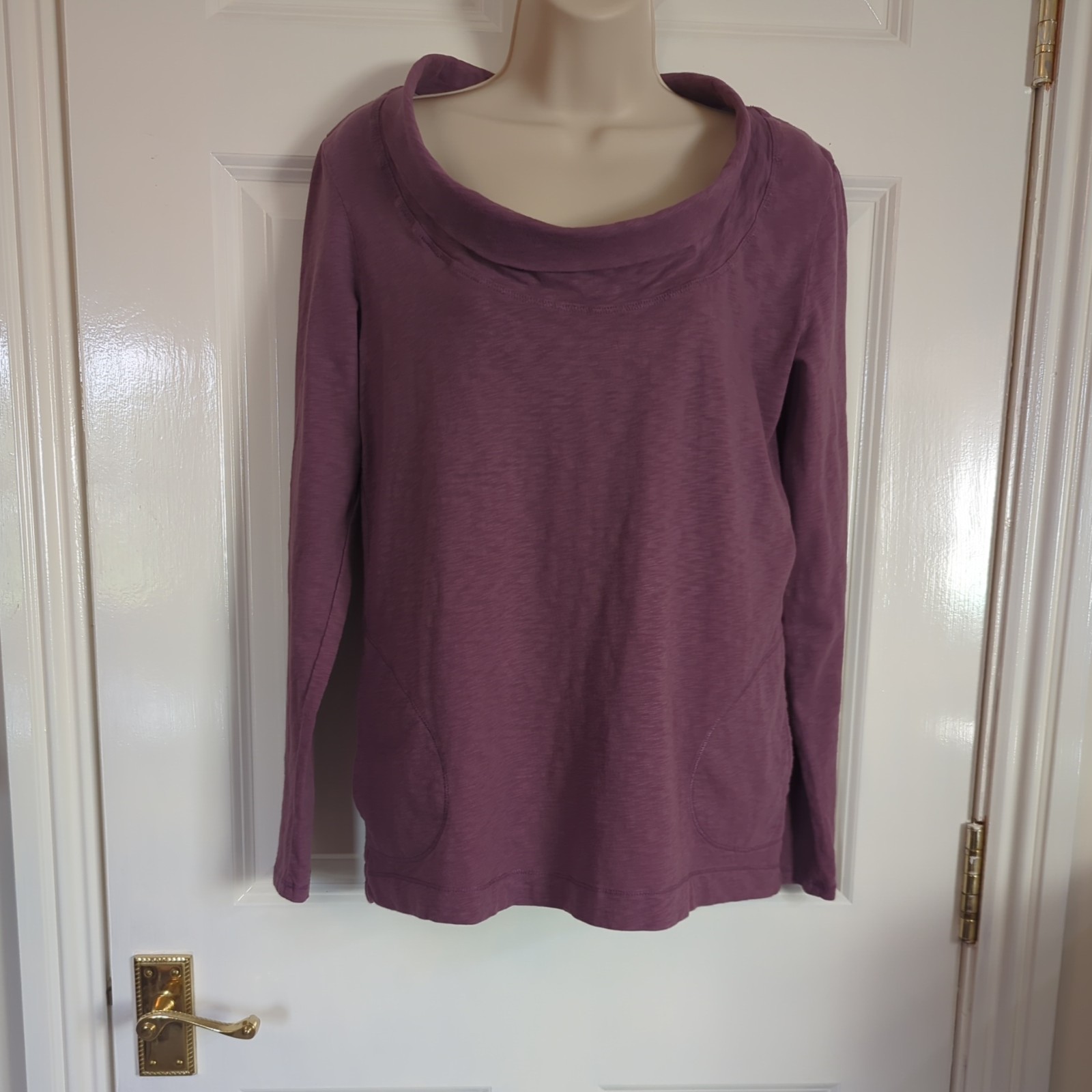 White Stuff UK8 Top Heather Purple Cowl Neck Cotton Jersey Long Sleeve Pockets