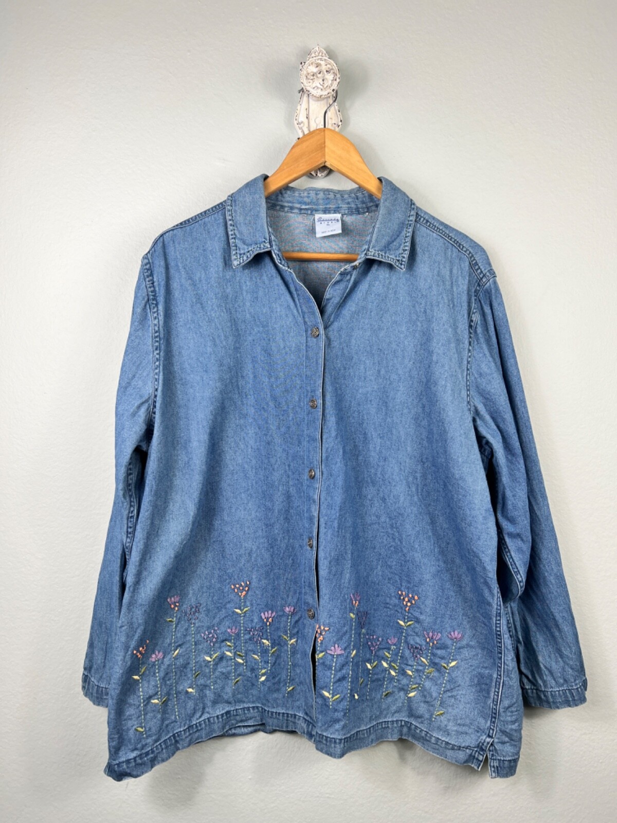 Cascade Blues Embroidered Floral Lightweight Denim Shirt Size XL Boho Blue