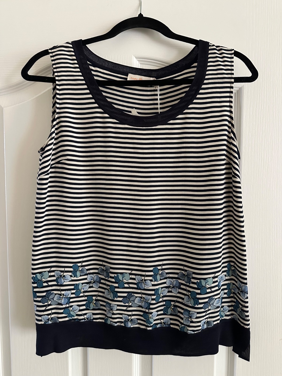 Tory Burch Women’s Silk Reese shell striped and flora Blouse,navy chiffon trim,