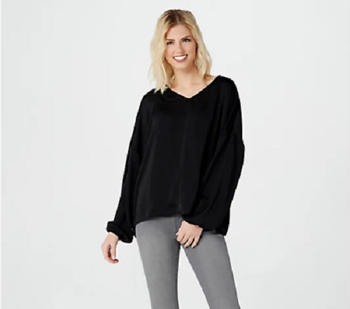 Du Jour V-Neck Drop Shoulder Blouse-Black-Large A374142 NEW