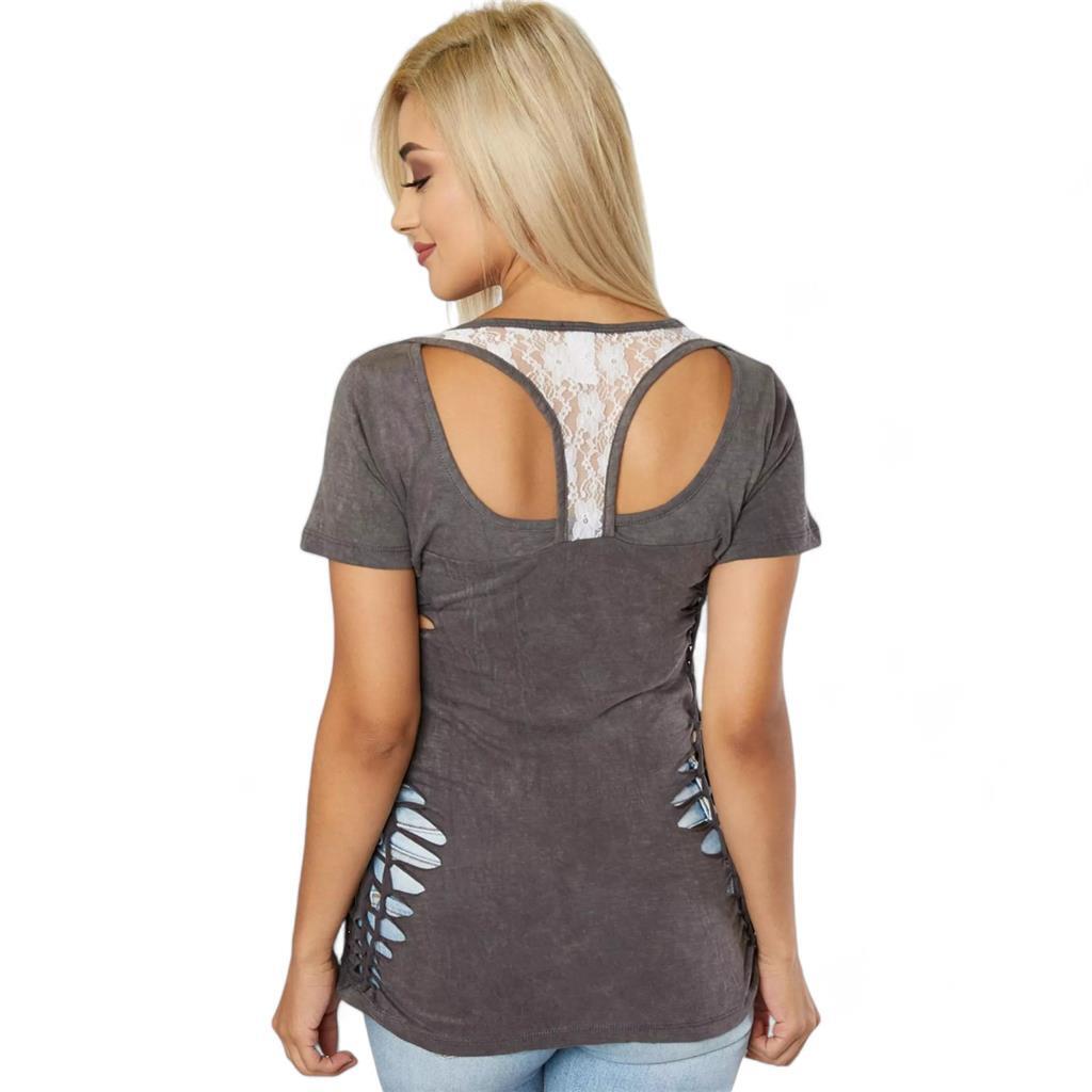 Women’s Affliction Angelica Charcoal Lava Wash Lace Rhinestone Y2K T-Shirt XS-XL