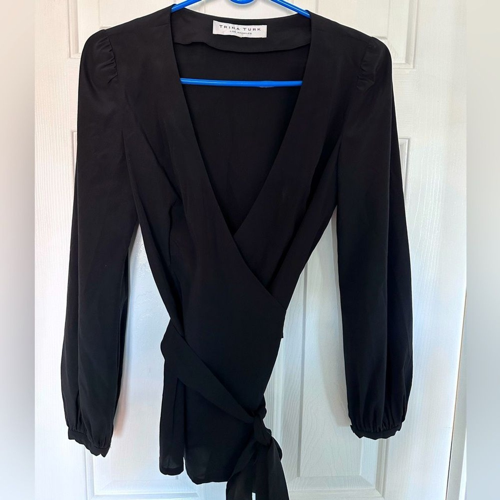 Trina Turk Silk Black Blouse Long Sleeve Wrap Top XS