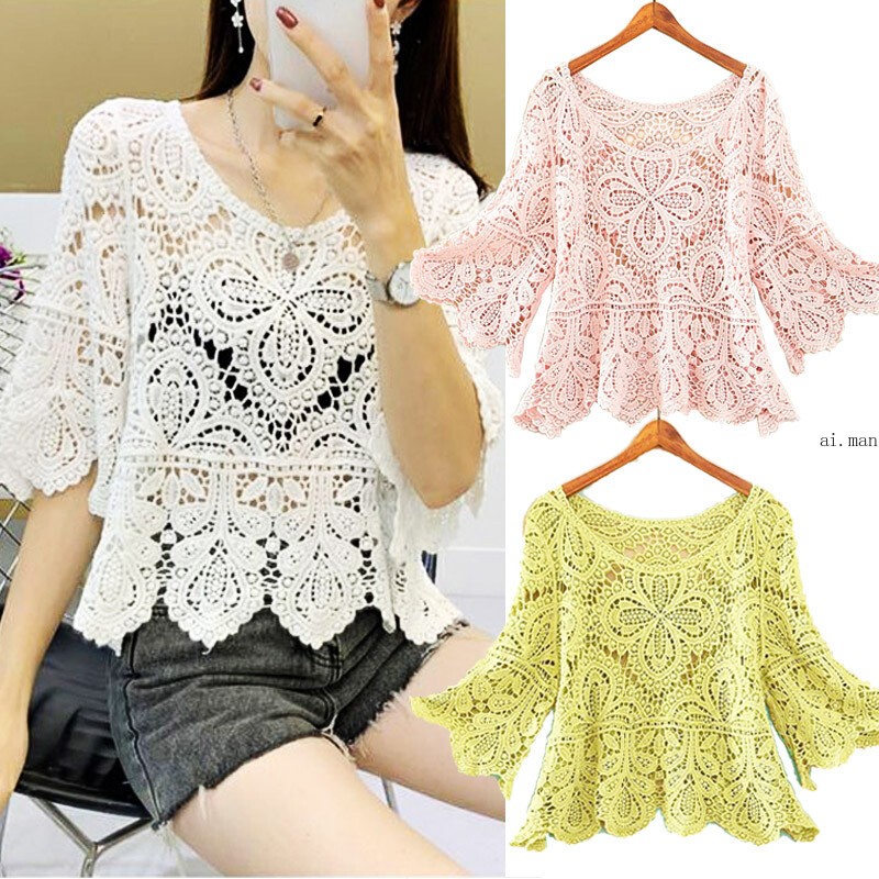 Women Crochet Crop Top Half Sleeve Hollow Bolero Shrug Shawl Sun Protection Top