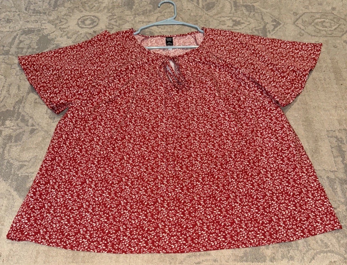 Emery Rose Womens Sz 2XL Red White Shirt Floral Short Sleeve Tie Front New