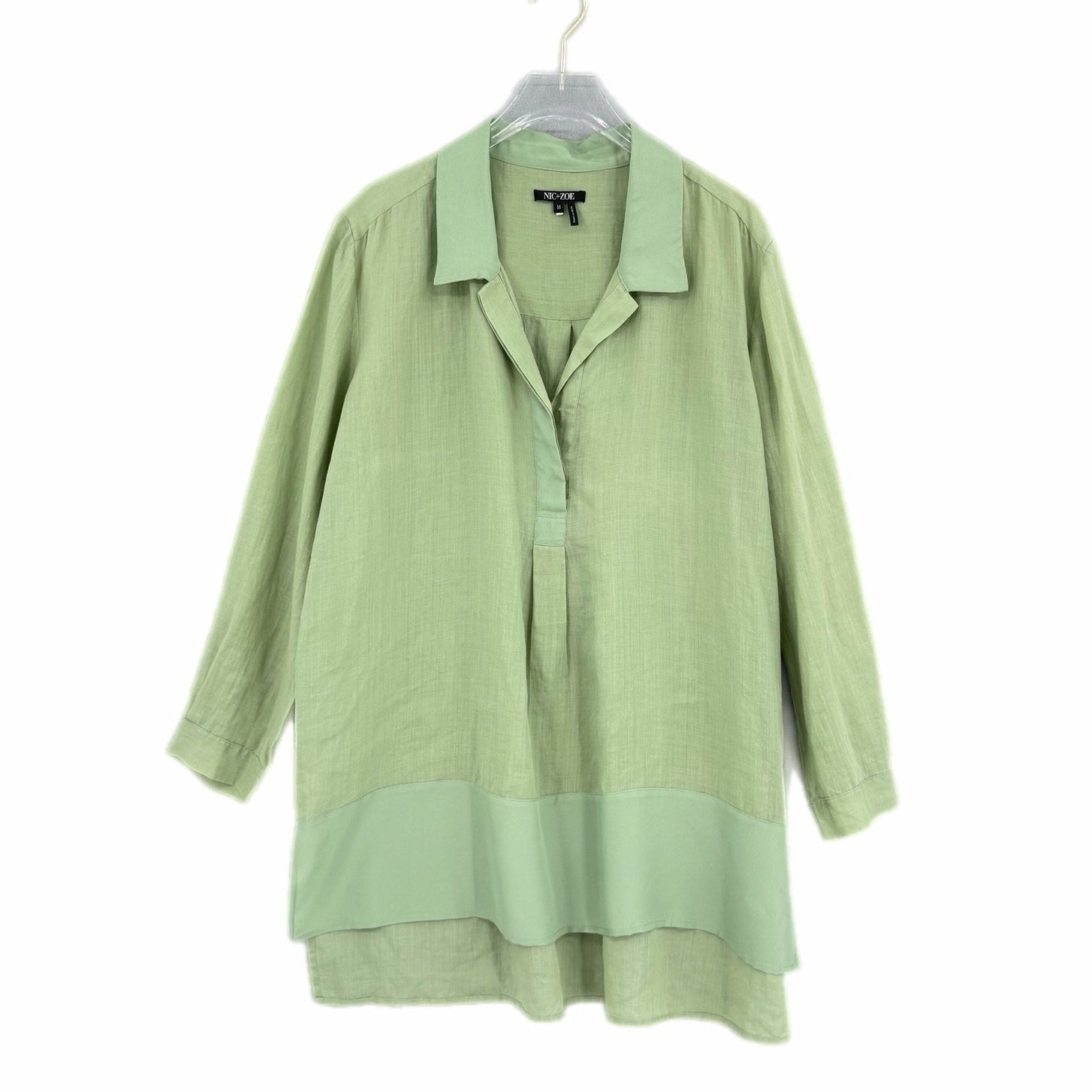 Nic + Zoe M Sage Green Lightweight V-neck Button Half Collared Slit Tunic Top