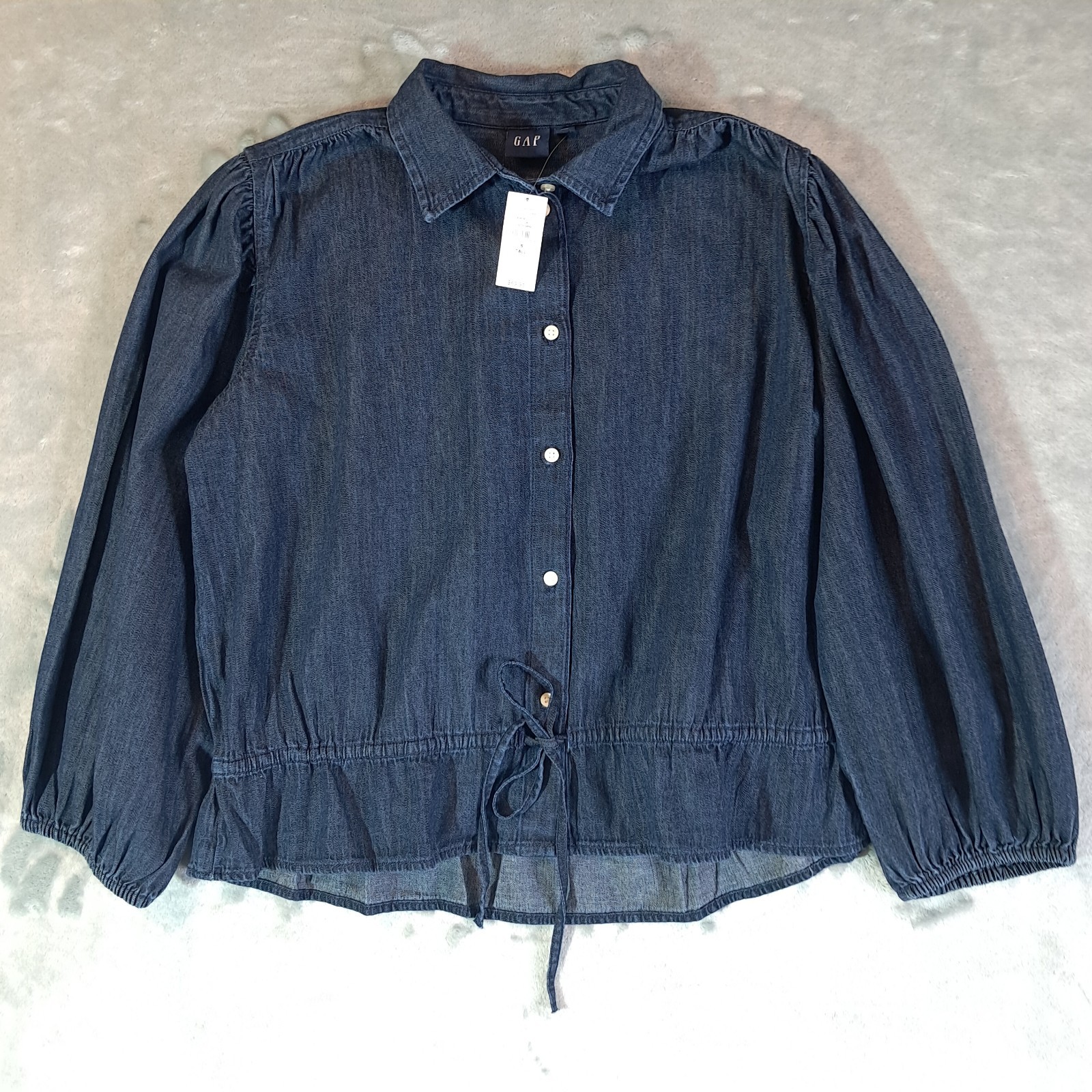 Gap Denim Tie Waist Top Small Tall Dark Wash Button Front Puff Sleeve 836760 NWT