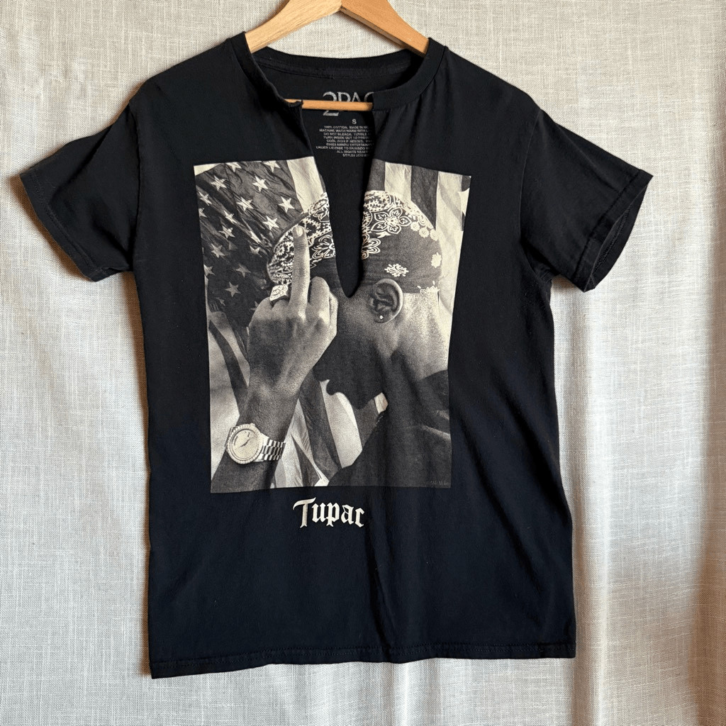 2Pac Tupac Graphic Black Rap Tee Womens Size S Hip Hop Streetwear V-Neck Modify
