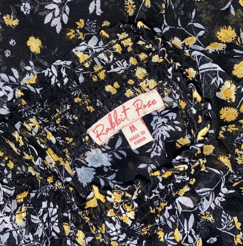 Rabbit Rose Black Floral Blouse Size Medium Mock Neck Sheer Ruffled Top Dressy