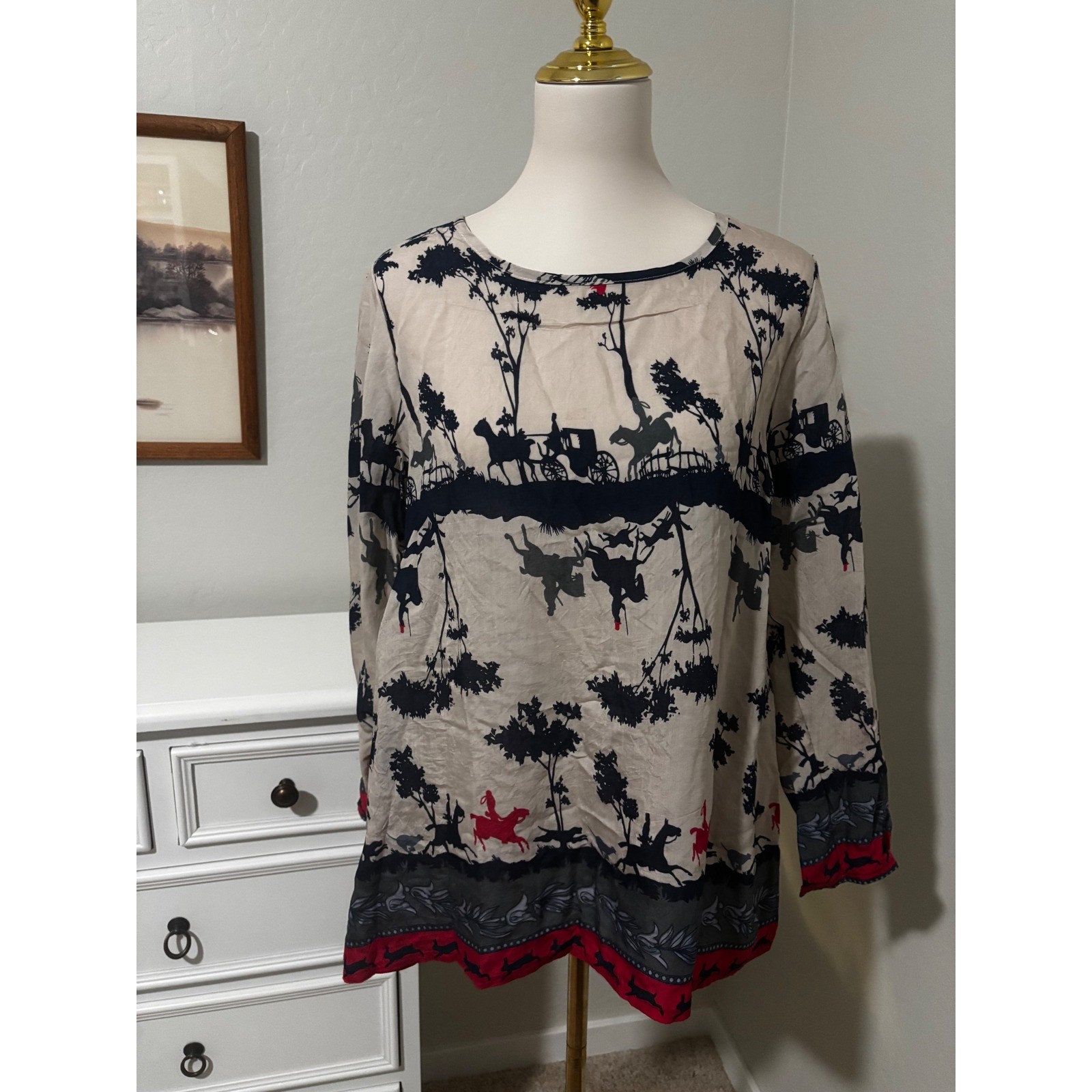Equestrian Toile Print Blouse Long Sleeve Fox Hunt Horse Carriage Cream Red Navy