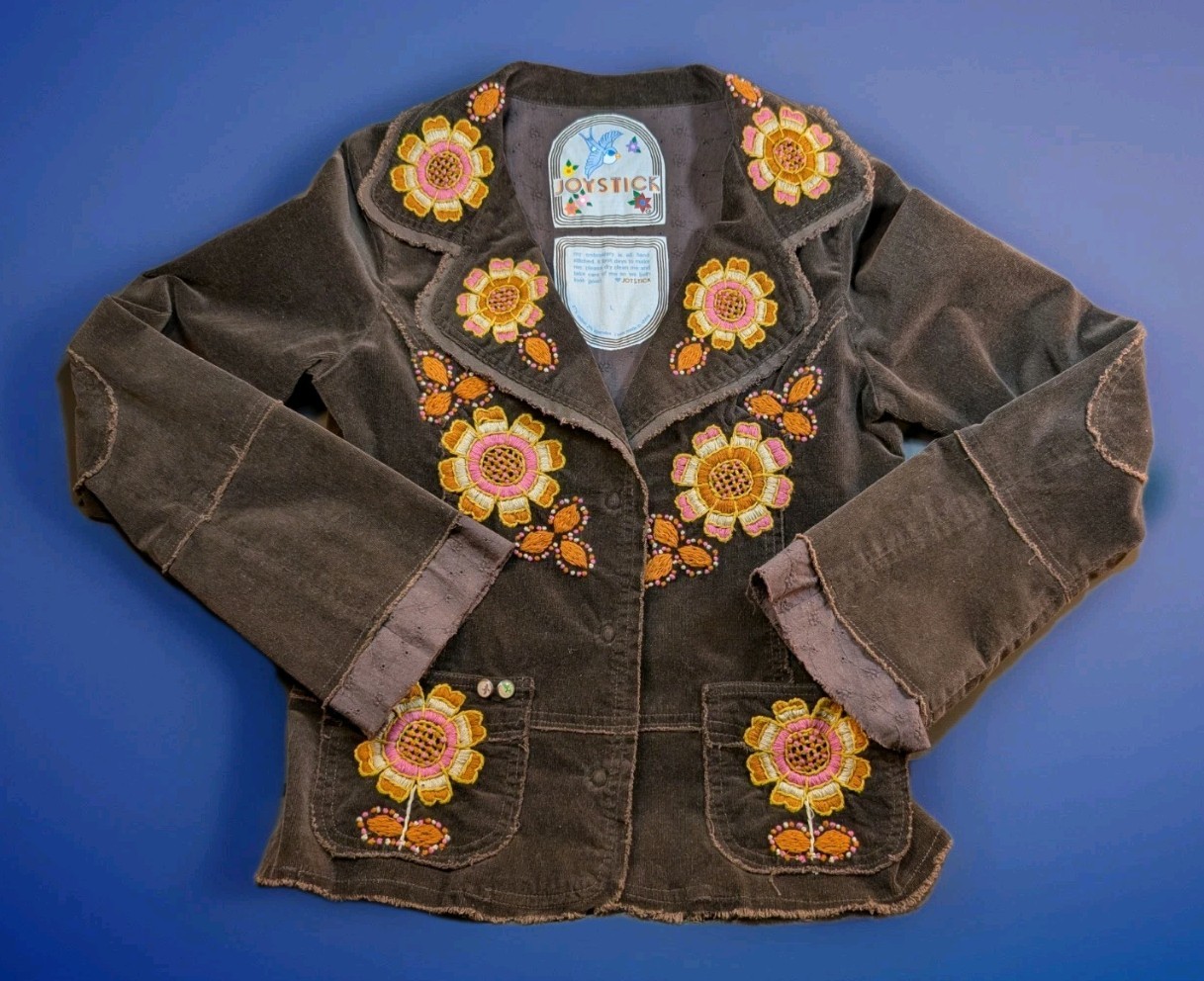 Johnny Was Joystick Large Embroidered Sunflower Corderoy Jacket Lined