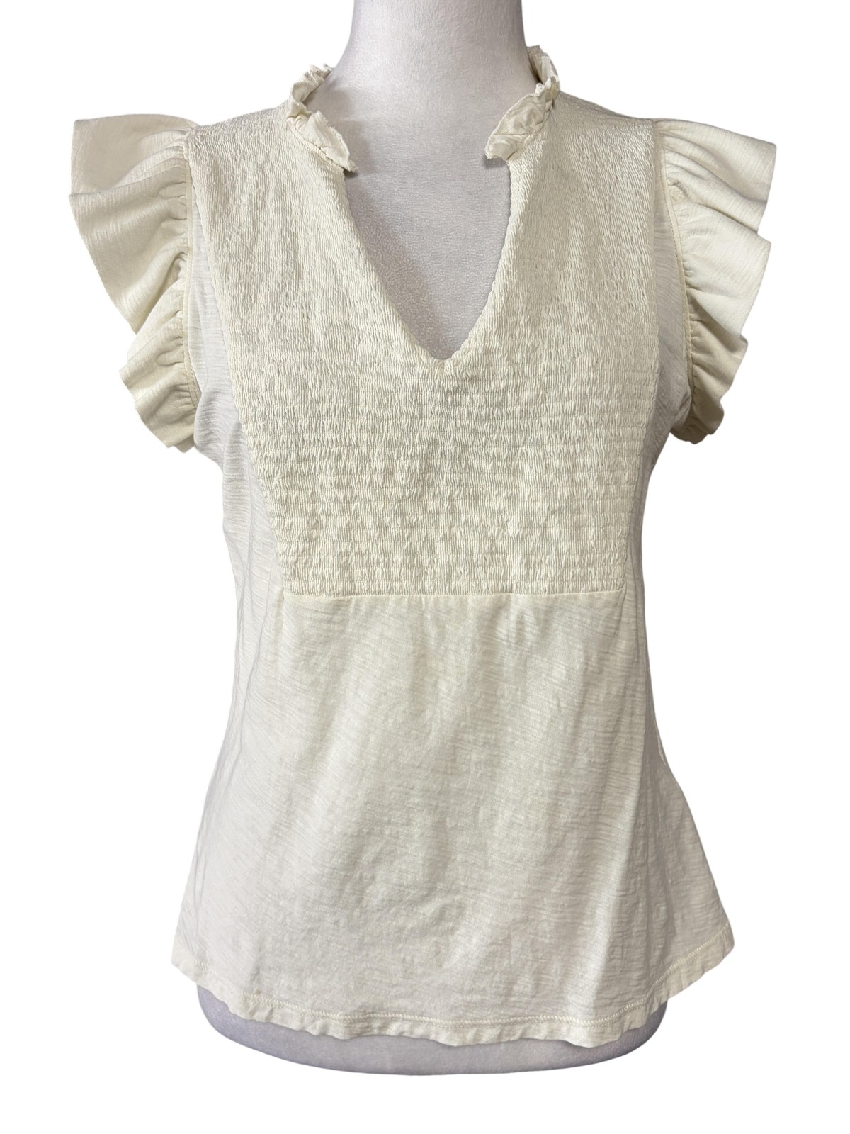 Nation LTD Shirt Womens Medium White Pima Cotton Flutter Ruffle V Neck Blouse