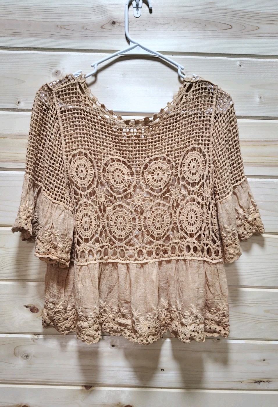 Kings Road Peplum Top M Crop Crochet Lace Eyelet Bell Sleeve Whimsical Layering