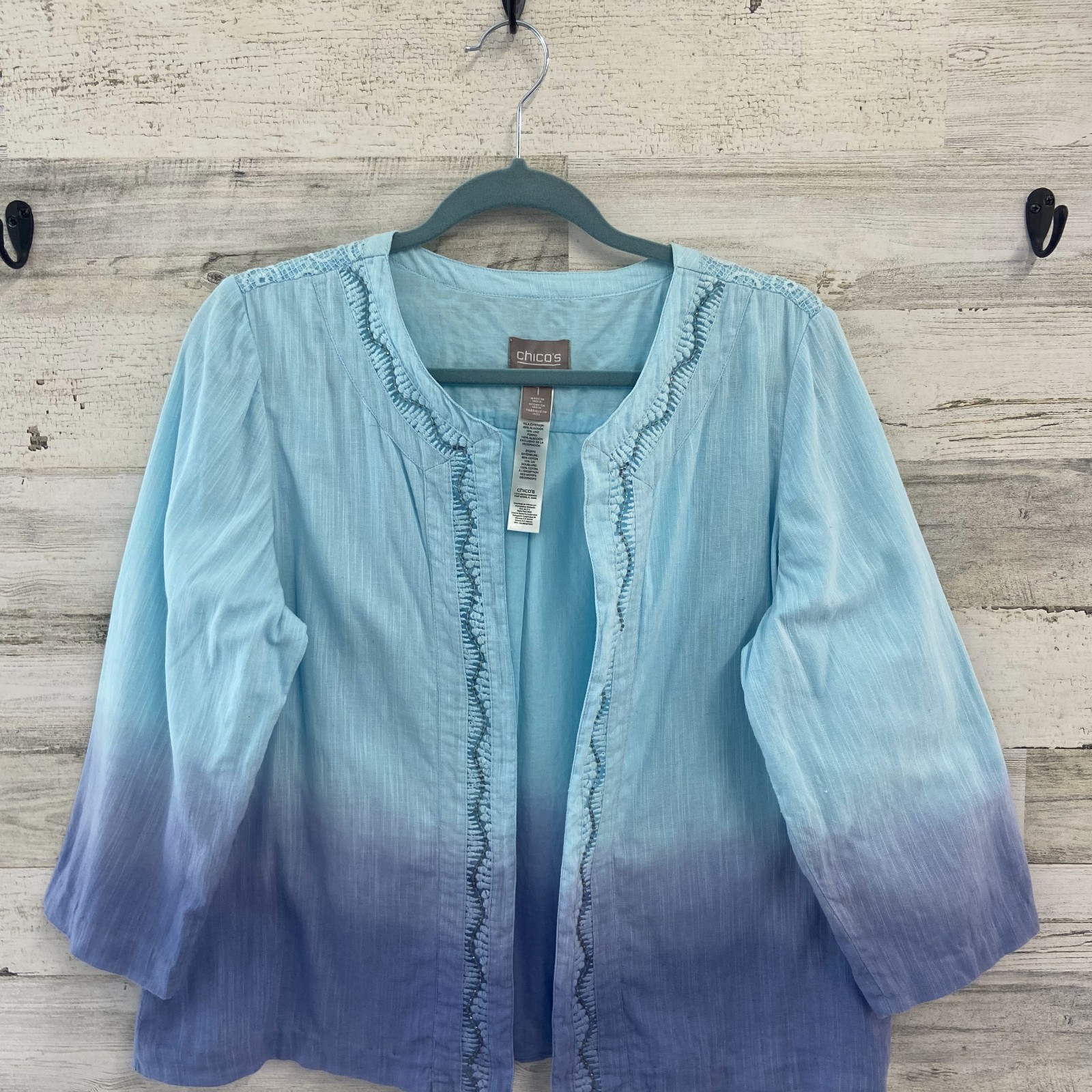 Chicos Open Shrug Blue Purple Ombre Dip Dye Crochet Embellished Linen Blend 1 M