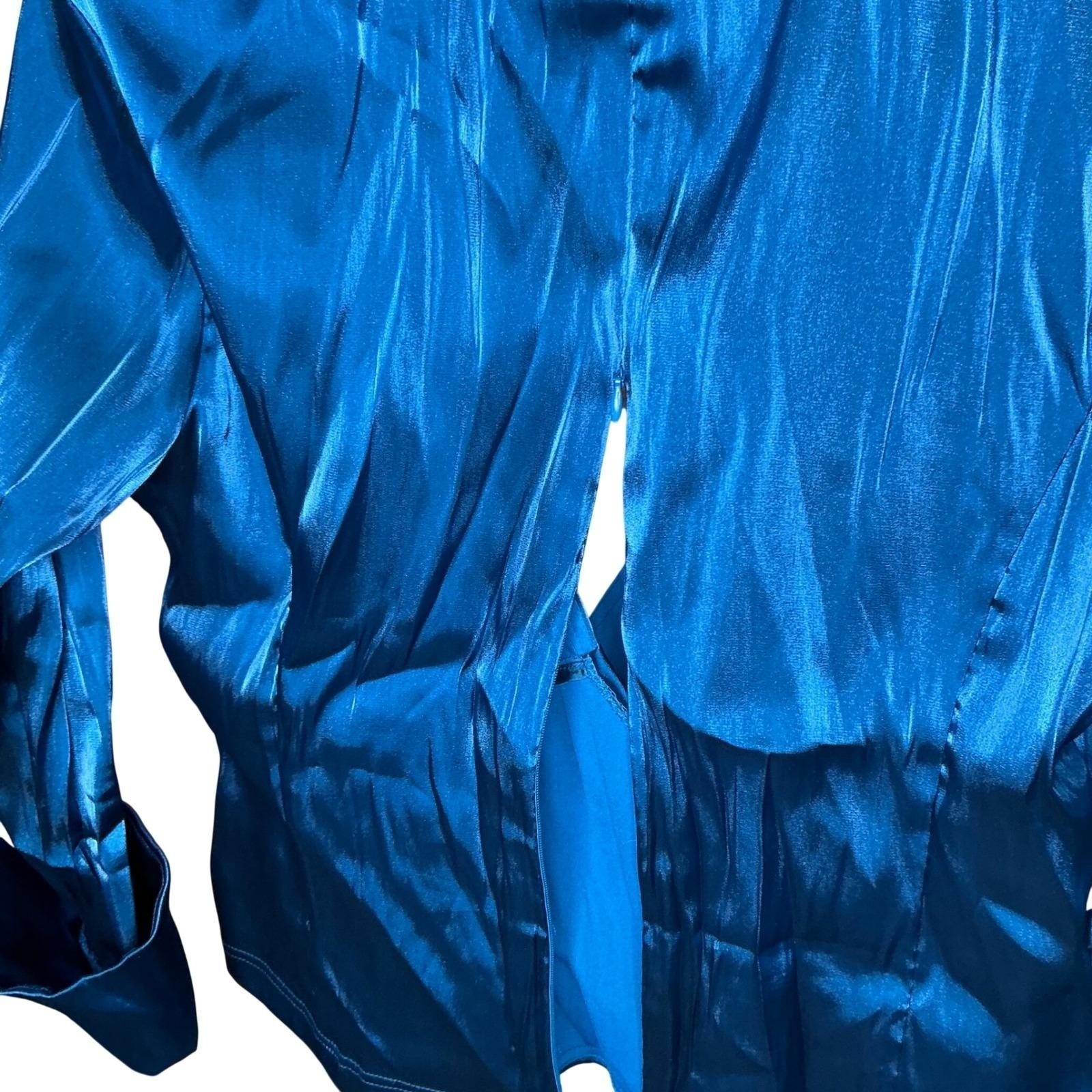 Cachet Blue Teal Satin Surplice Evening Blouse Ruched Waist 3/4 Sleeve Size 14