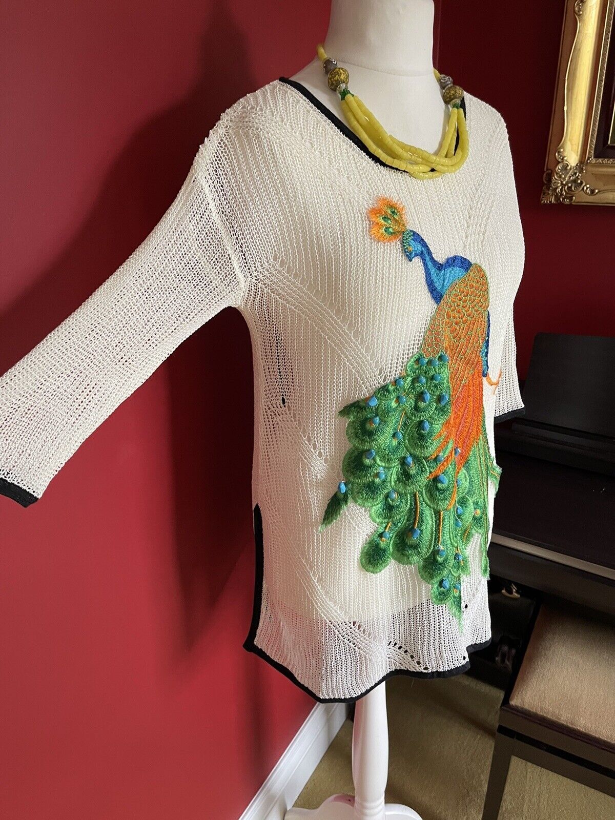 DooYue Peacock Appliqué Beaded sequin lace colourful sheer croshet tunic top M