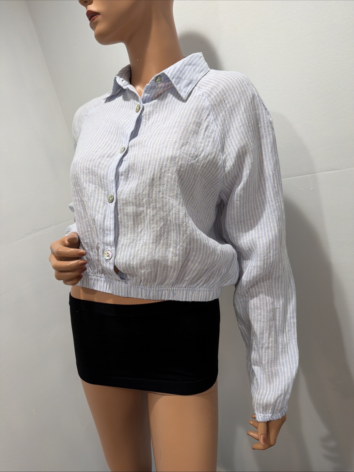 linen blouse white blue striped Crouped Long sleeve Small Size Elastic Waist
