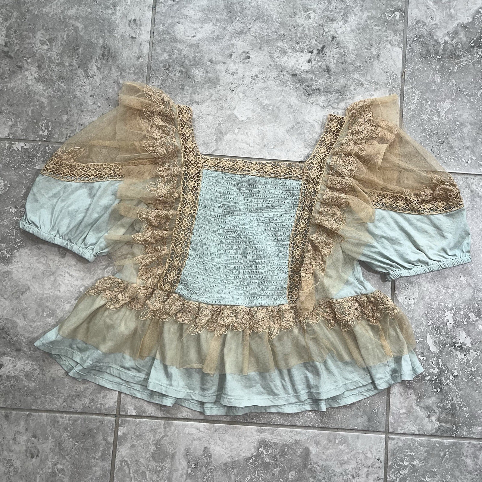 Anthropologie Forever That Girl Ruffle Lace Tulle Peplum Pleated Top Blouse M