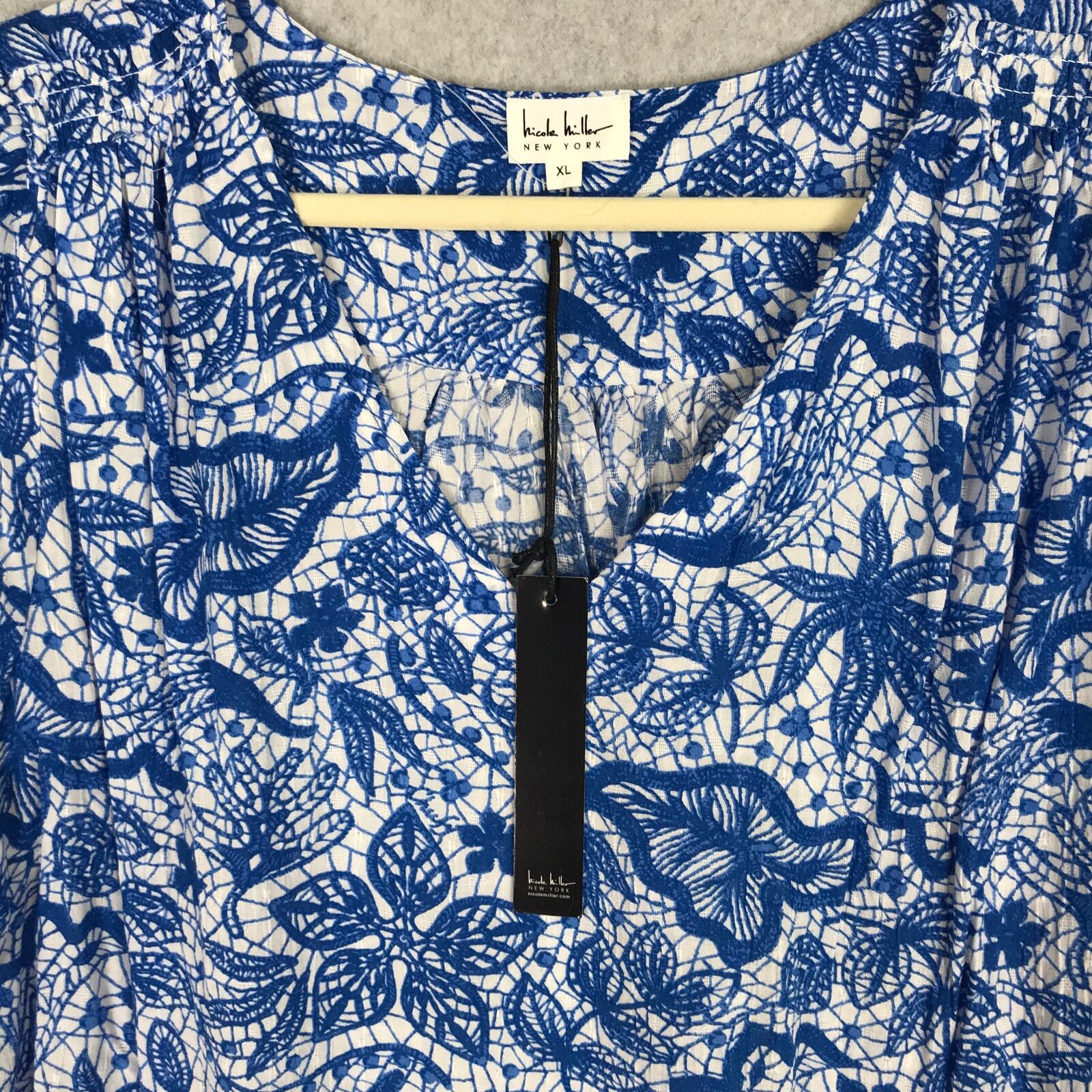 Nicole Miller Top Women XL Blue White Bloom Blouse Ruffle Career Church Coastal