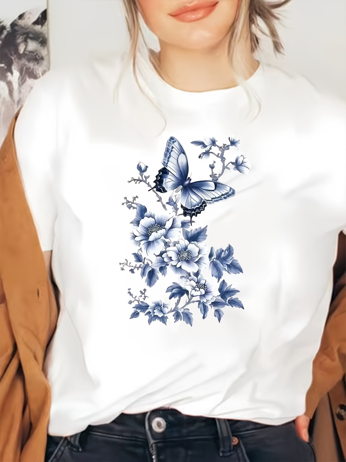 Women’s Blue Floral Butterfly Graphic T-Shirt Retro Casual Summer Tee Top