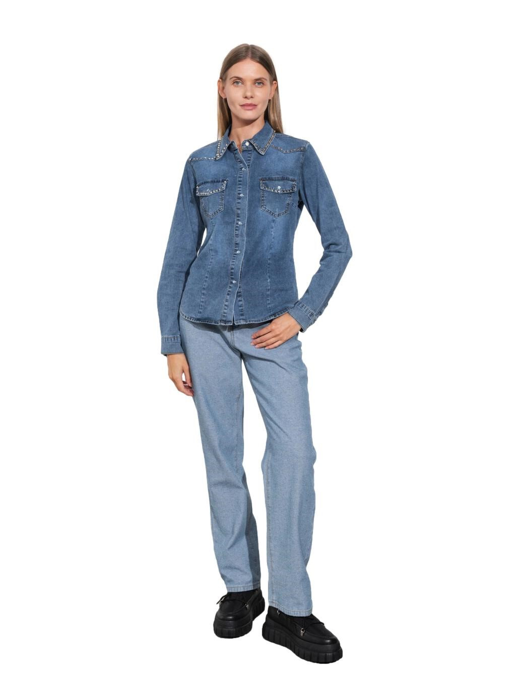 Women’s Stretchy Denim Jeans Shirt Studded Screwed Long Sleeve Buttons
