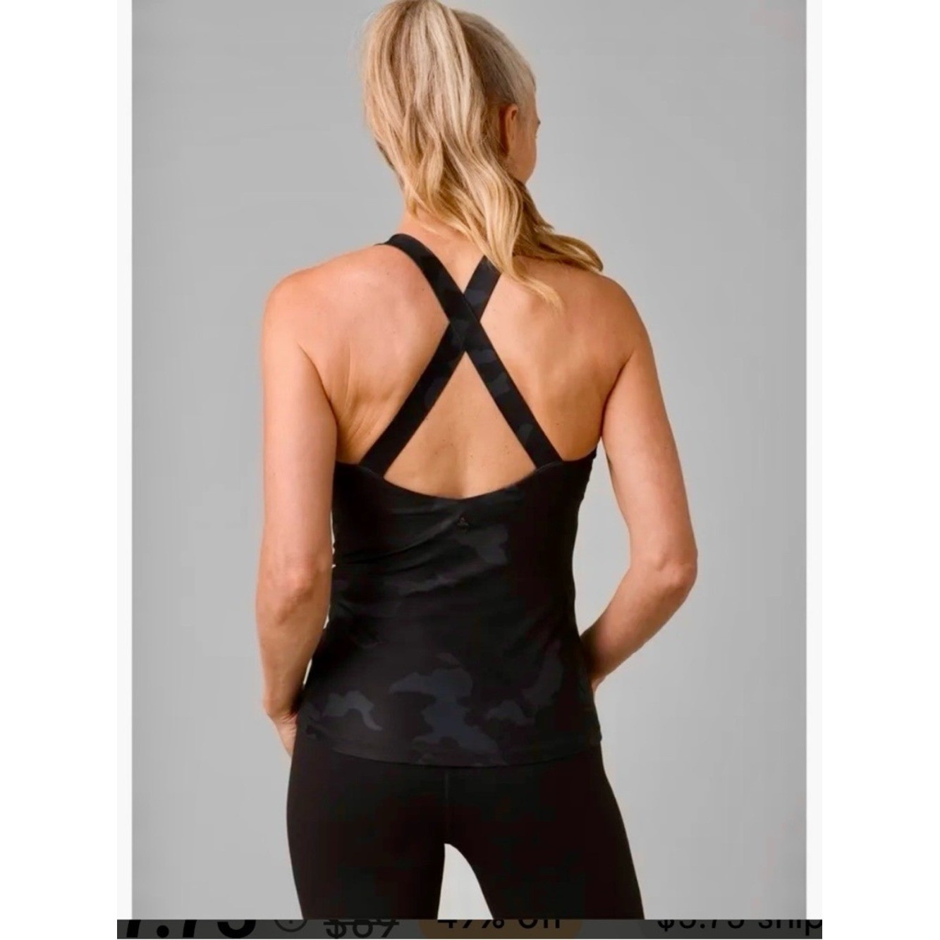 prAna Layna Bra Tank Scoop Neck Cross Back Black Camo Yoga Workout Small