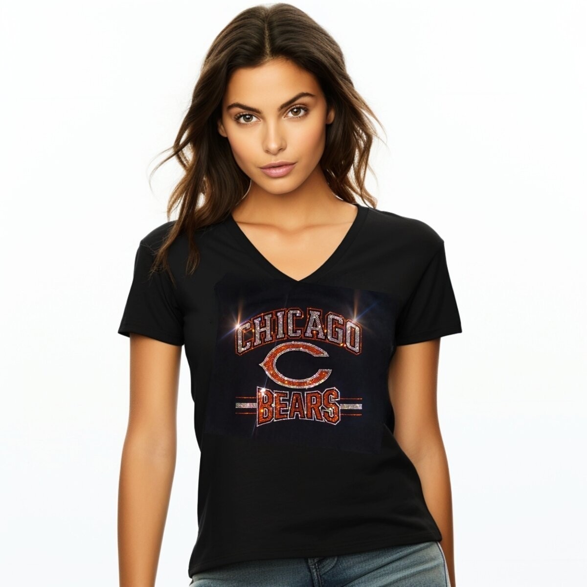 New Chicago Bears Bling Rhinestone Relaxed fit Womens Size VNeck T-shirt S – 4X