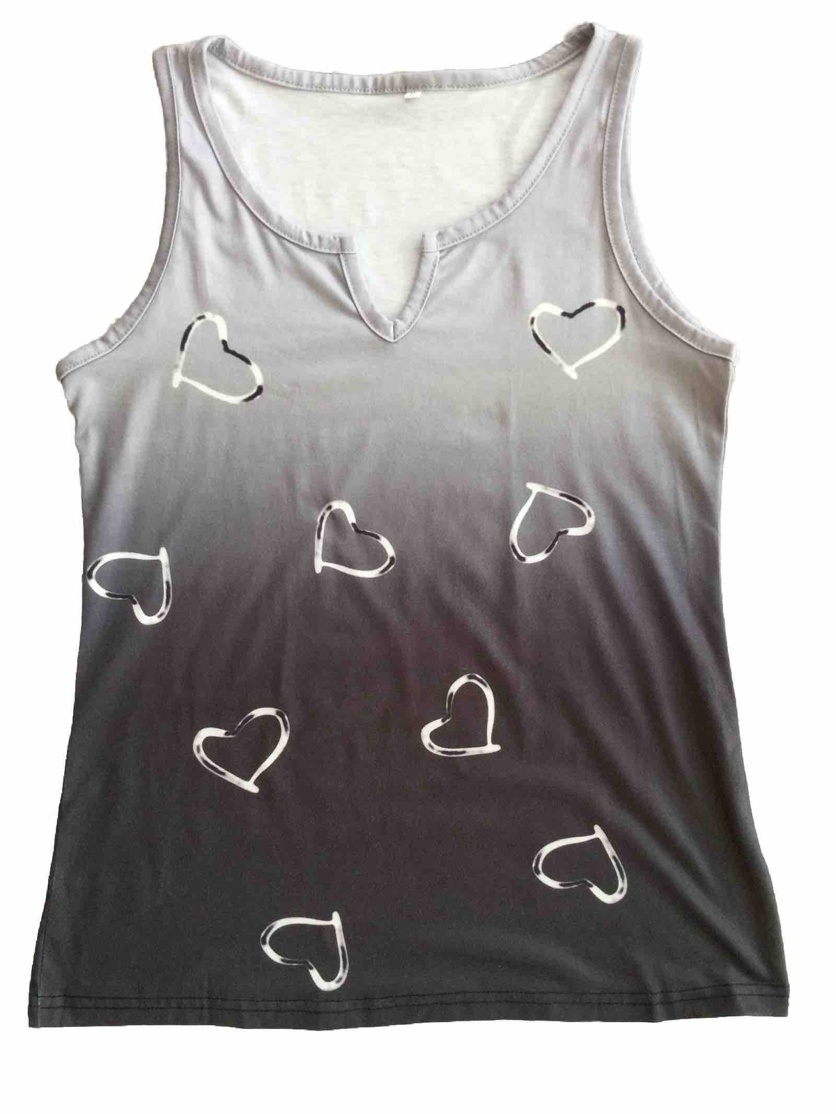 Women Vibrant Black Ombre Heart Print V-Neck Tank Top – Soft Mid-Elasticity Sm.
