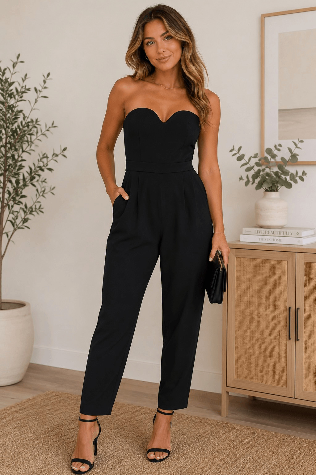 Express Size 4 Black Strapless Sweetheart Neck Tailored Jumpsuit