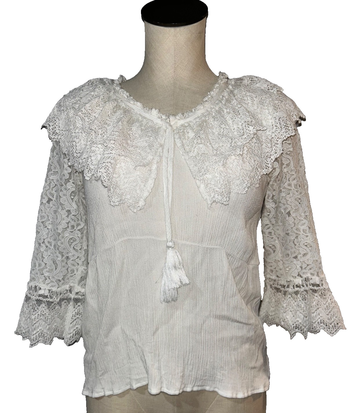 Reba Women’s Ruffle Boho Tassel Eyelet Cape Blouse Top size S Romantic Victorian