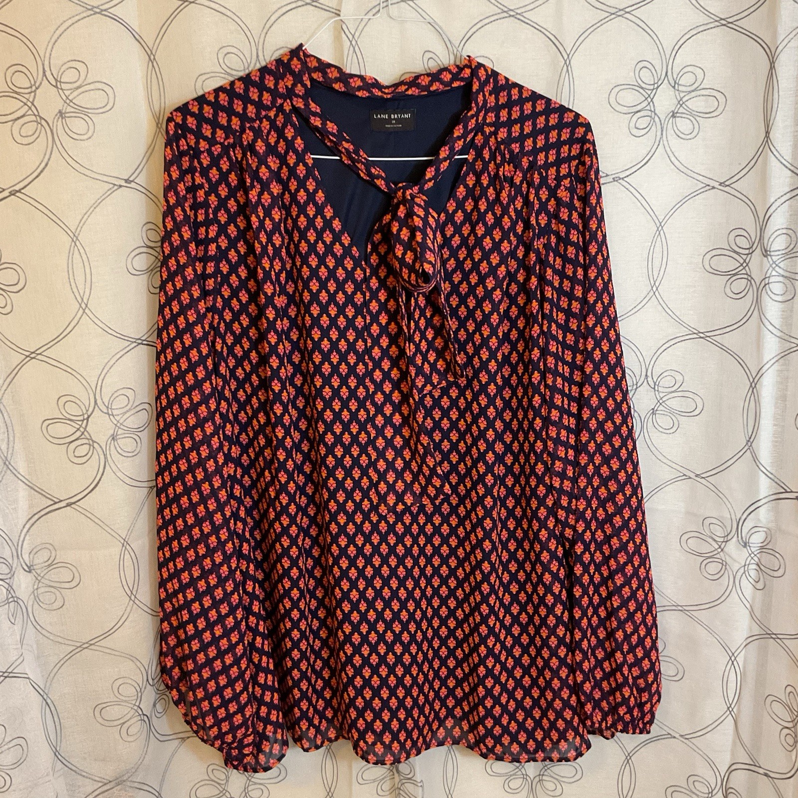 Lane Bryant Floral Print Long Sleeve Blouse Women Size 28 Navy/orange/ Pink