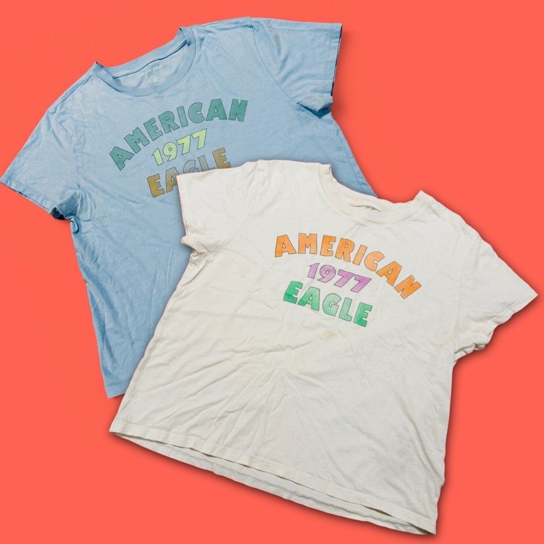 2 x Fairy Boho Pastel Blue Cream American Eagle 1977 Cropped T-Shirt Bundle Lot