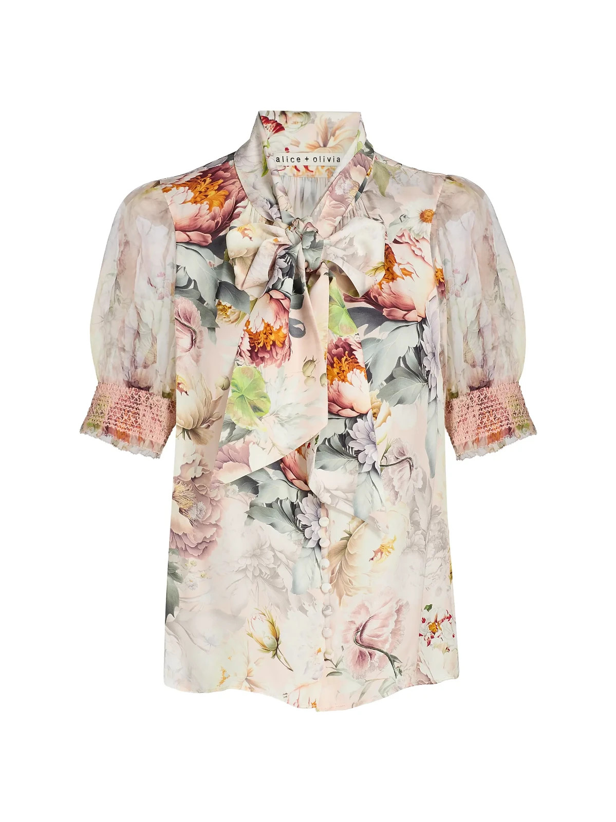 New, Alice + Olivia Brentley Floral Tieneck Blouse in Sweet Pony Sz L #T3975