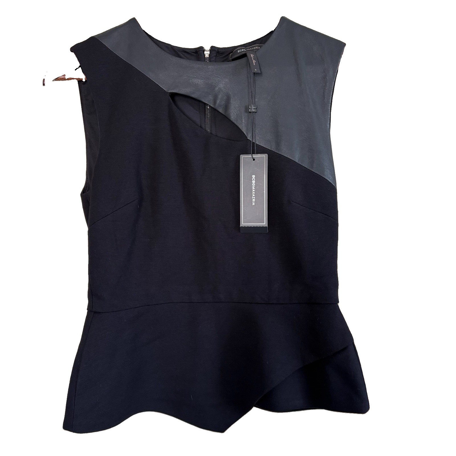 BCBG Maxazria Black Farrah Asymmetrical Top Ponte Faux Leather Peplum Small