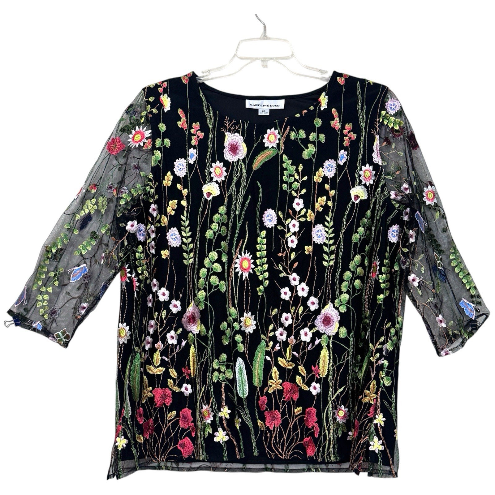 Caroline Rose Garden Walk Mesh Embroidered Top Womens Size XL Floral Lace Lined