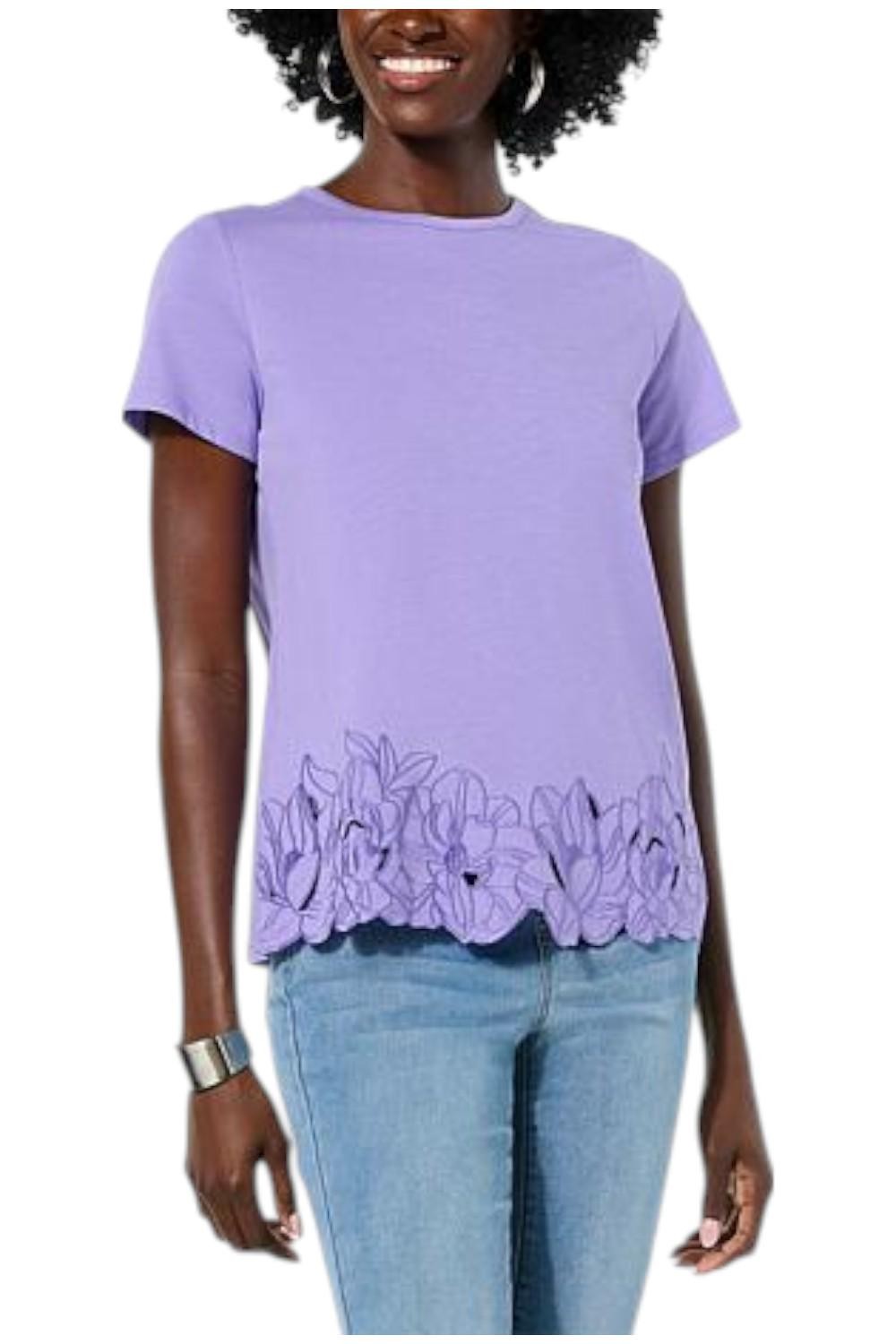 DG2 by Diane Gilman Women Short Slv Jersey Embroidered Tee Violet