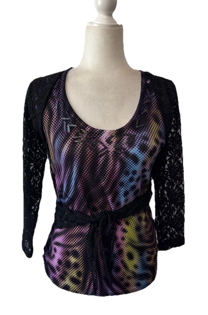 Alberto Makali Top Double Layer Stretch Floral Lace Overlay Beaded Sz M