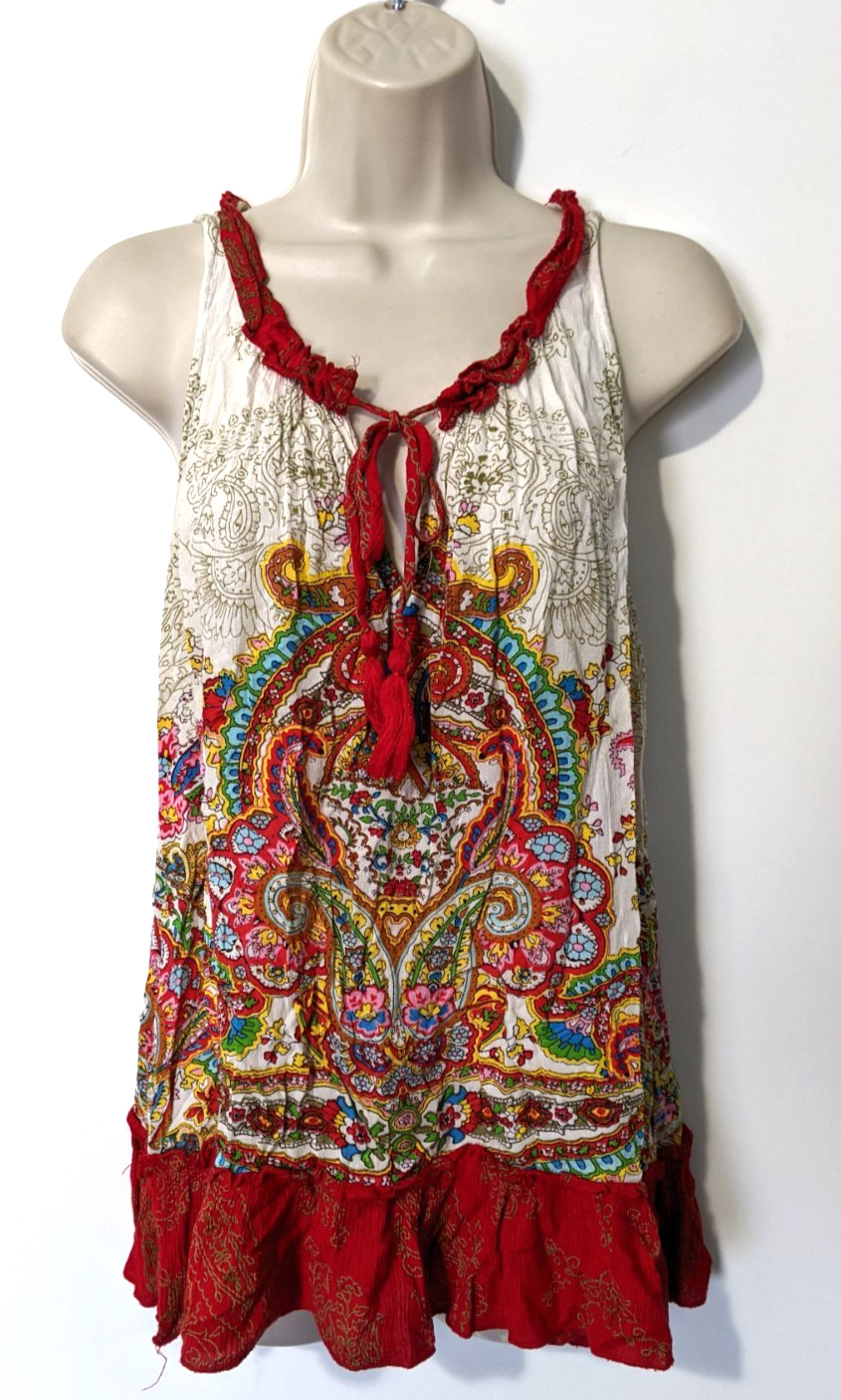 Bila Women’s Boho Blouse Sz M Floral Sleeveless Tassel Paisley 100% Rayon EUC