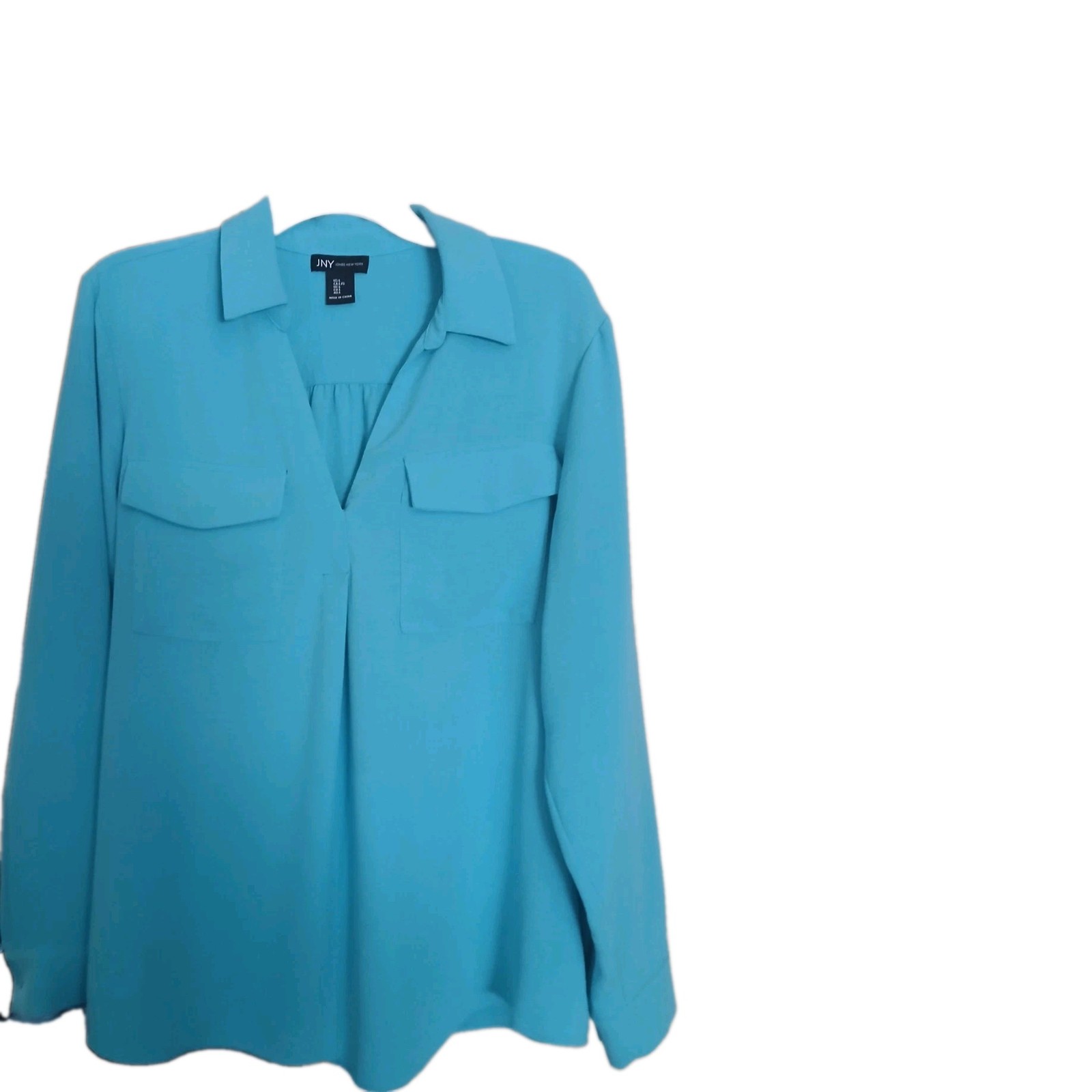 JNY Jones New York Womens Blue Solid Collared Long Sleeve Polyester Blouse L