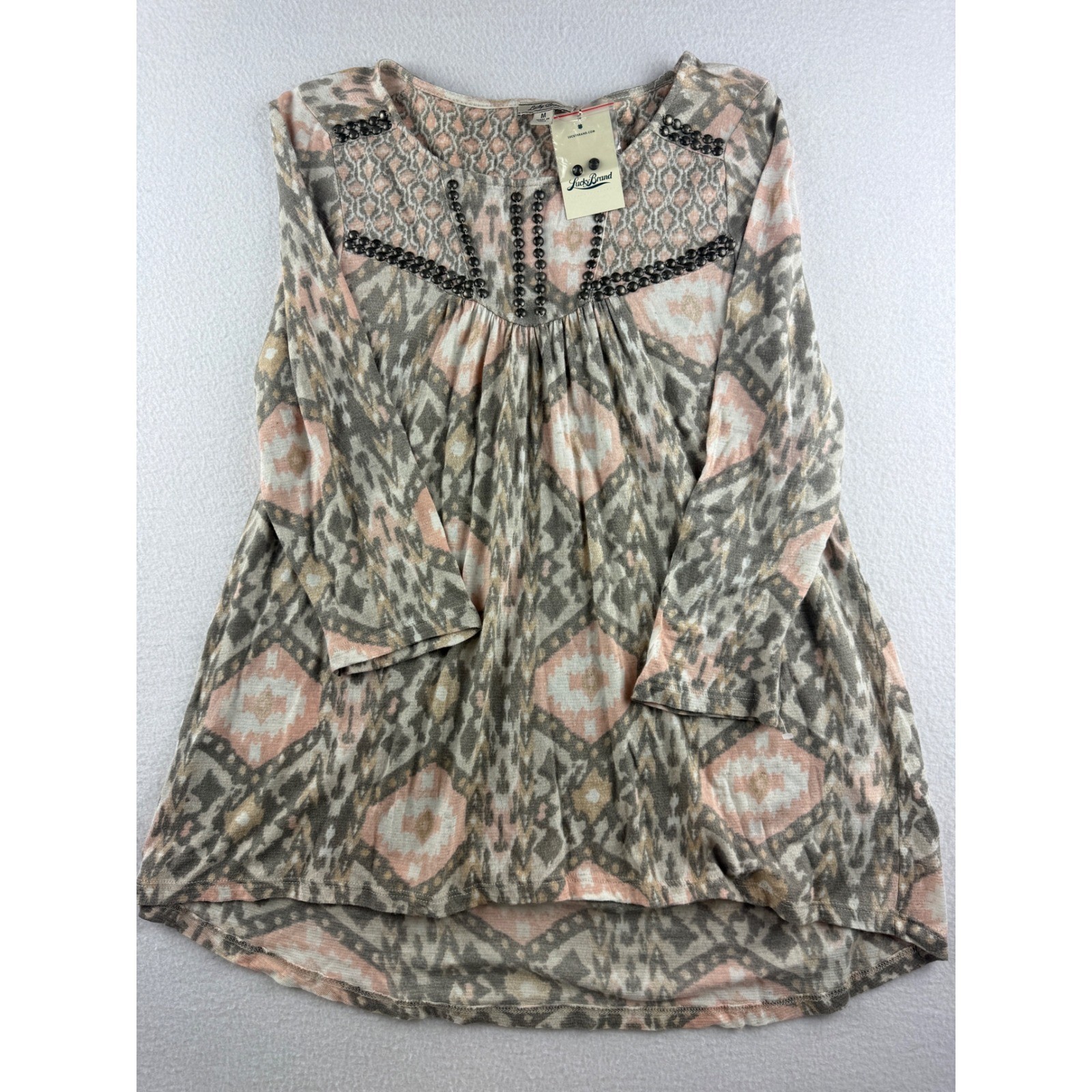 Lucky Brand Women’s Medium Gray Pink Ikat Print Beaded Long Sleeve Top