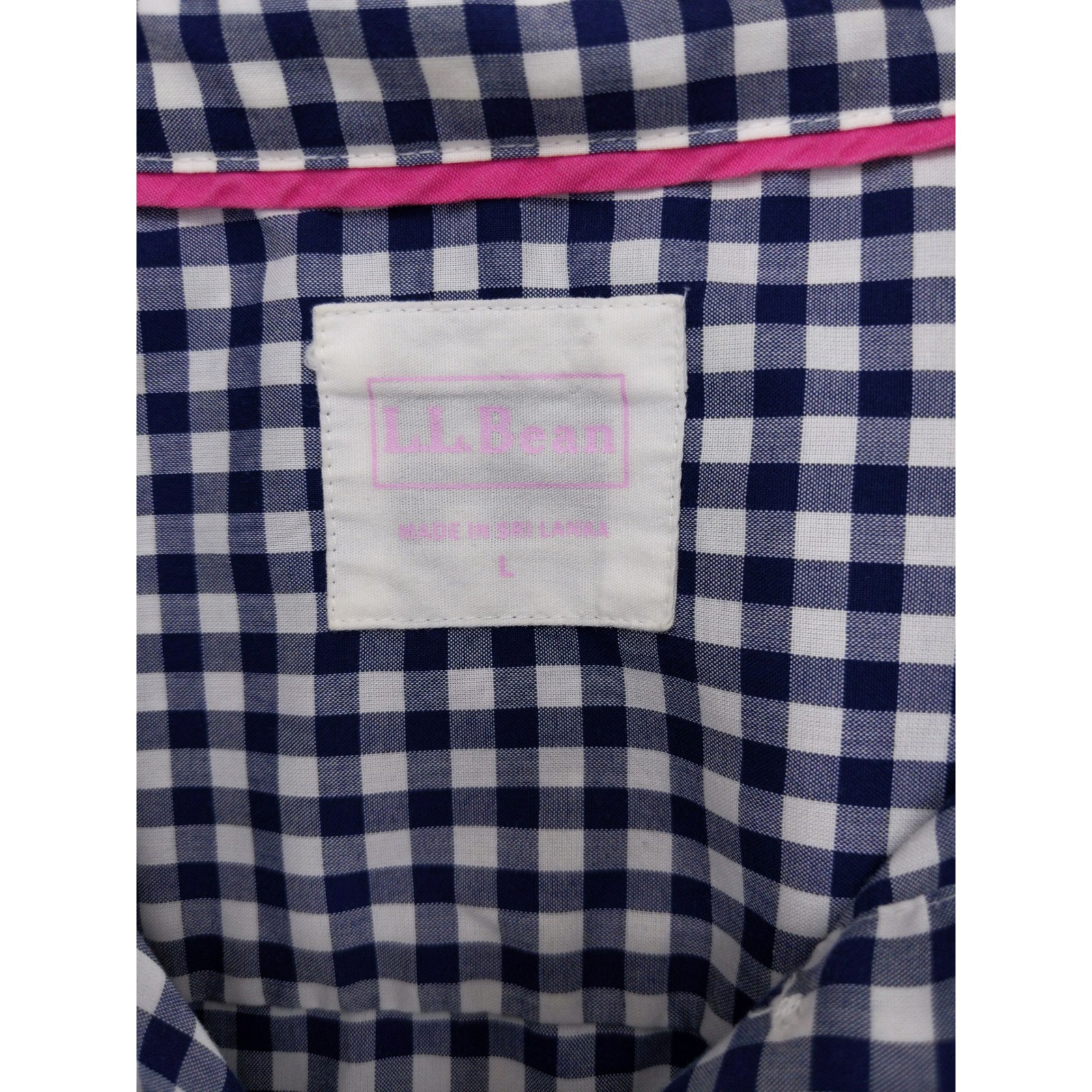 LL Bean Button Down Shirt Womens L Blue Gingham Plaid Short Sleeve Cotton