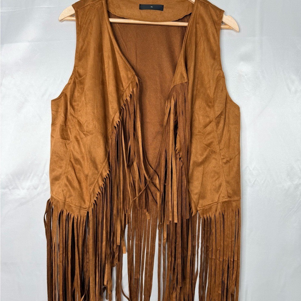 Faux Suede Fringe Vest Boho Western Festival Layering Brown XL