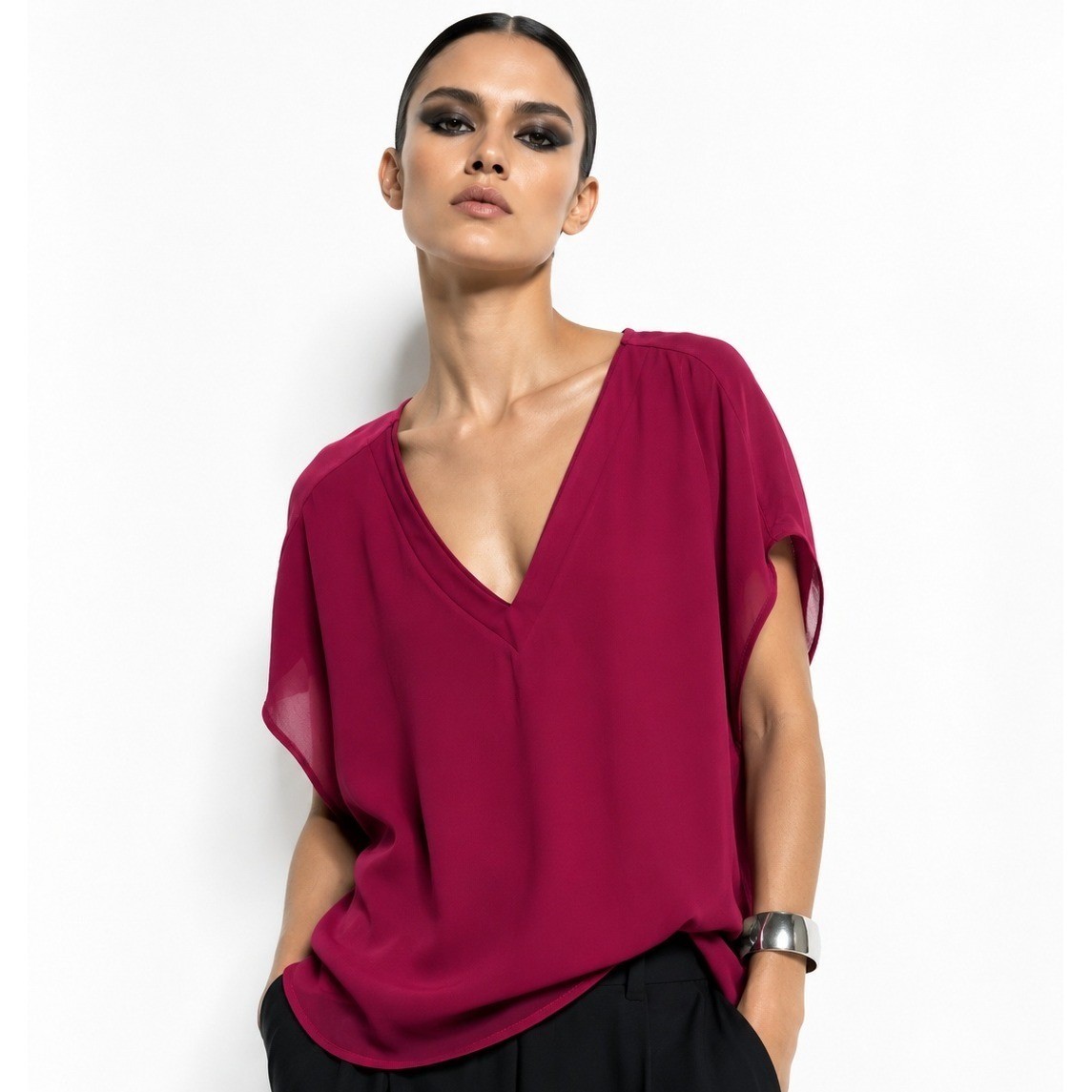 Les Serein Women XL Berry Pink V-Neck Mixed Media Chiffon Blouse NWT