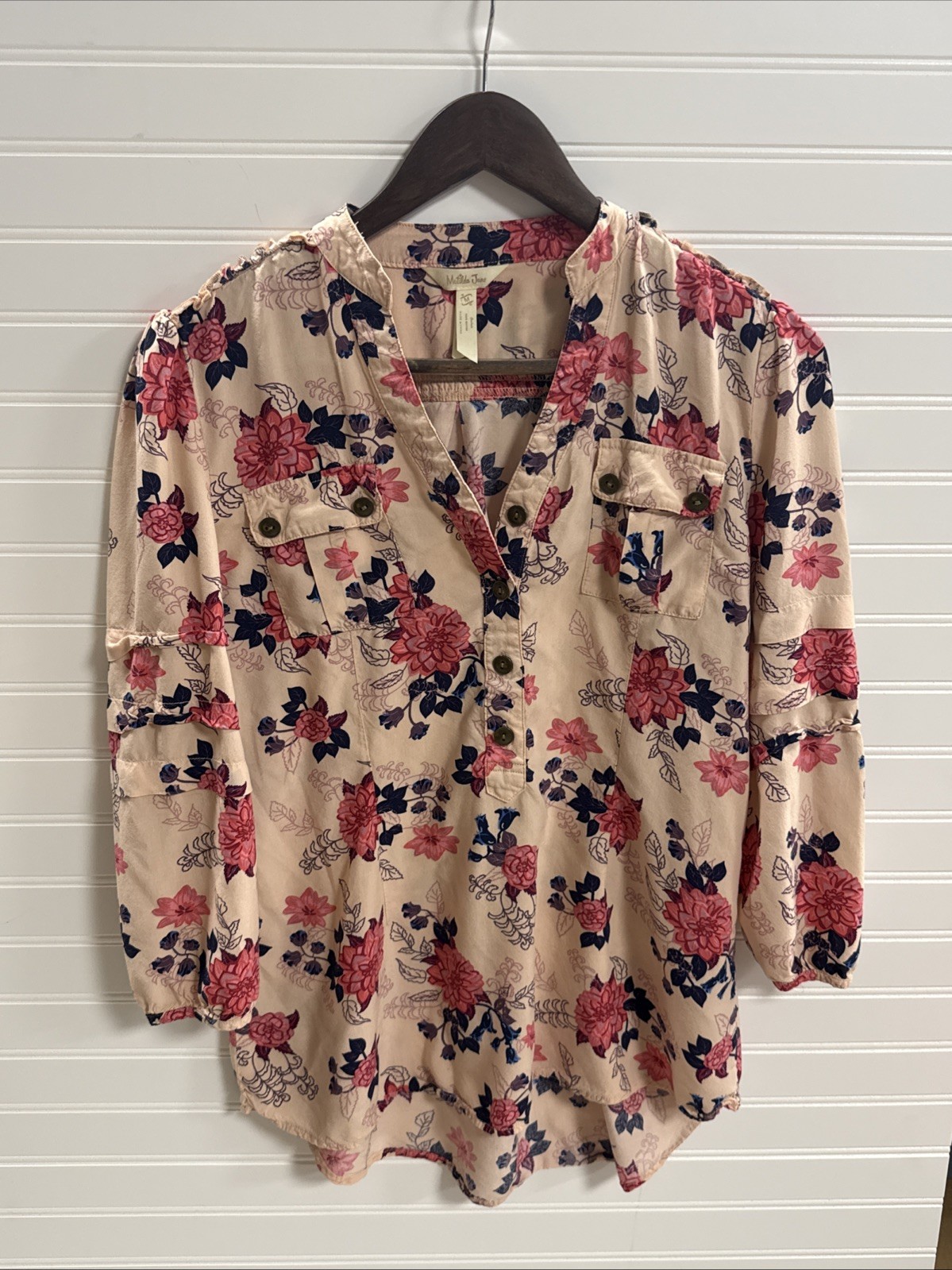 Matilda Jane Floral Tunic Blouse Women Long Sleeve Button Up Rayon Pink Navy M