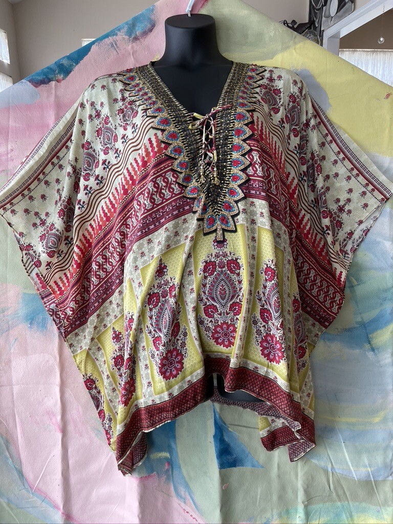 Sakkas Multi Colored Ladies Top Lace-Up V-Neck Kimono Sleeves Beaded Accents OS