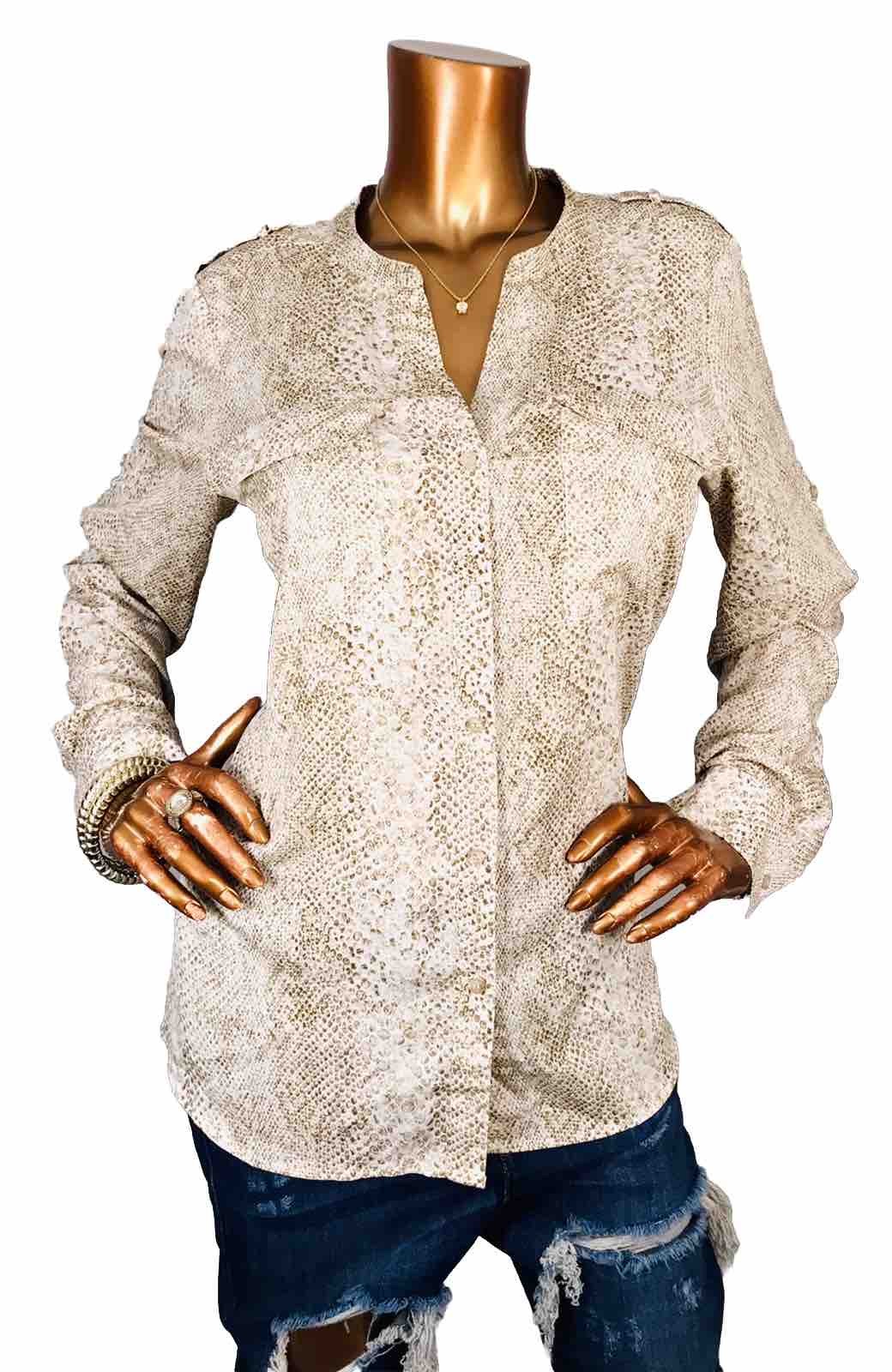 Calvin Klein L Top Stretch Animal Snake Print Silky CK Logo Button Up Shirt Lite