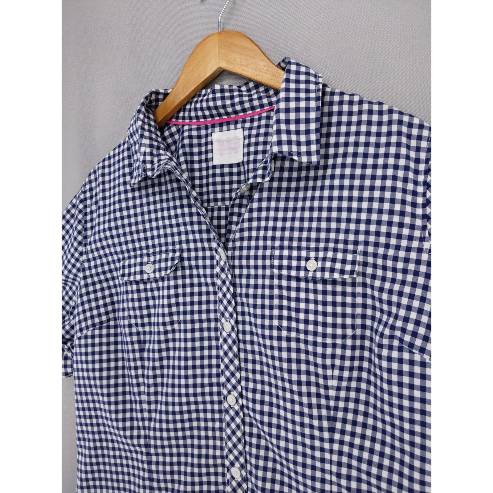 LL Bean Button Down Shirt Womens L Blue Gingham Plaid Short Sleeve Cotton