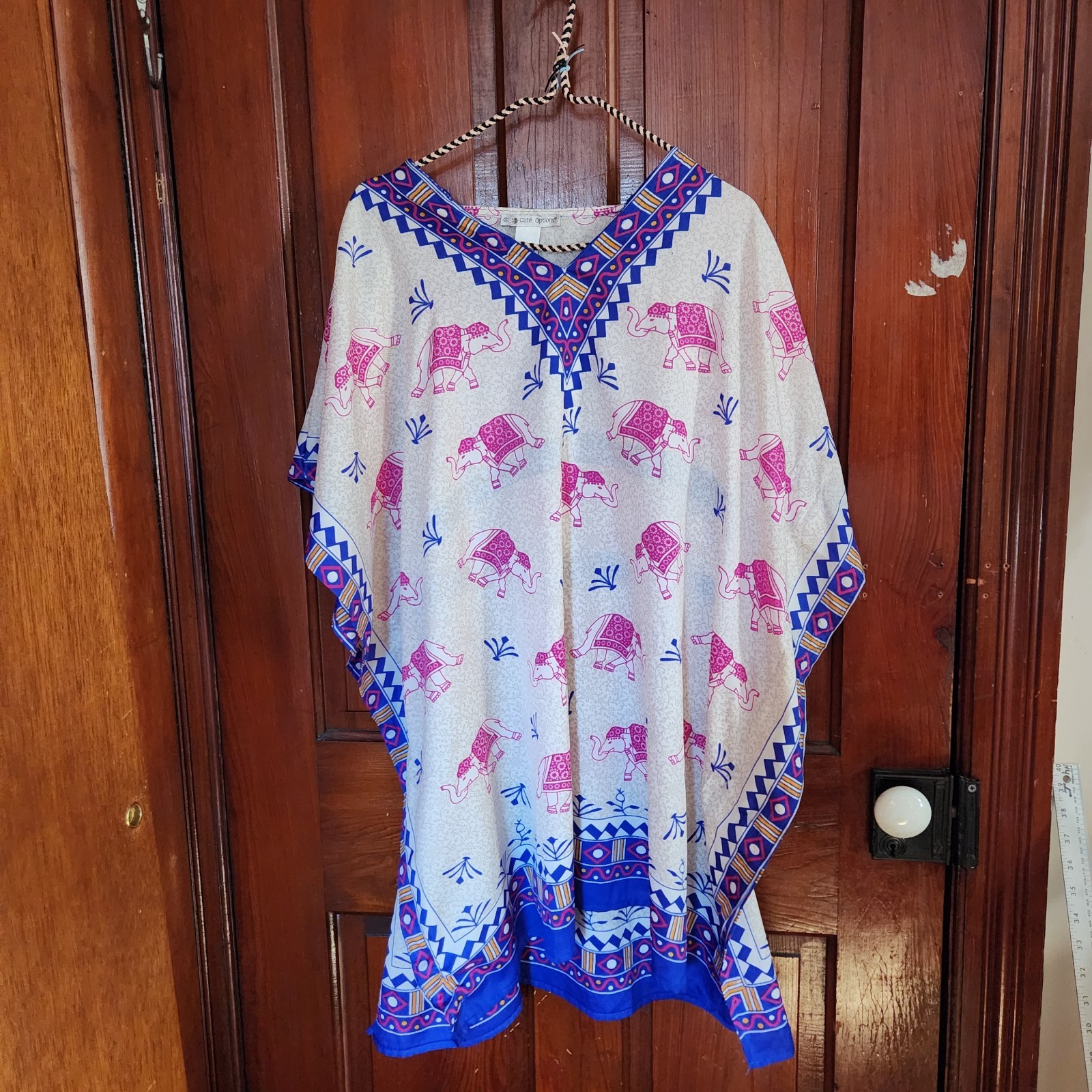 Cute Options India Elephant Kaftan Tunic Rayon Blue Pink Boho Free Size OS Top