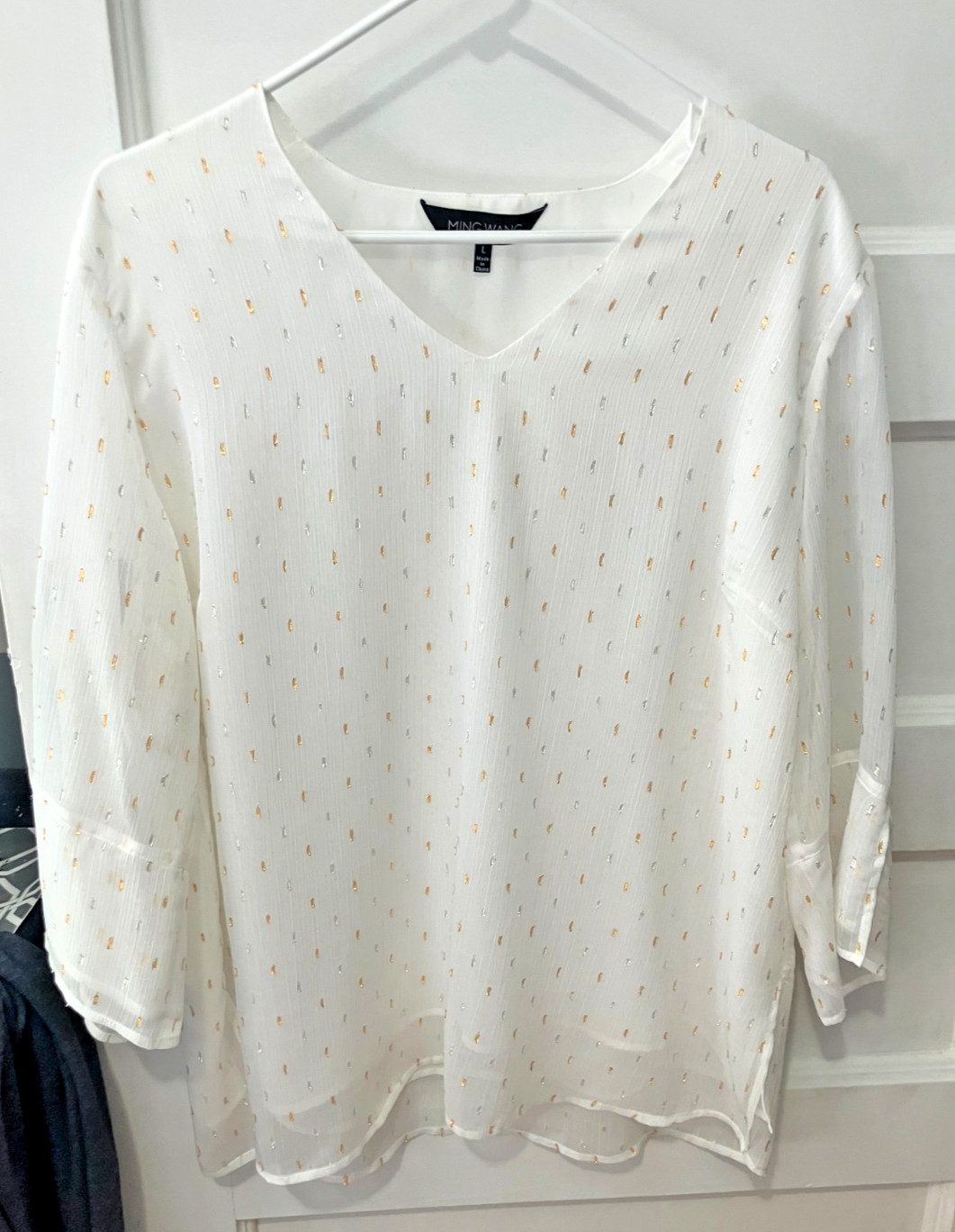 Ming Wang Womens L Clothing Blouse Top 3/4 Sleeve V-Neck cream ivory gold silver
